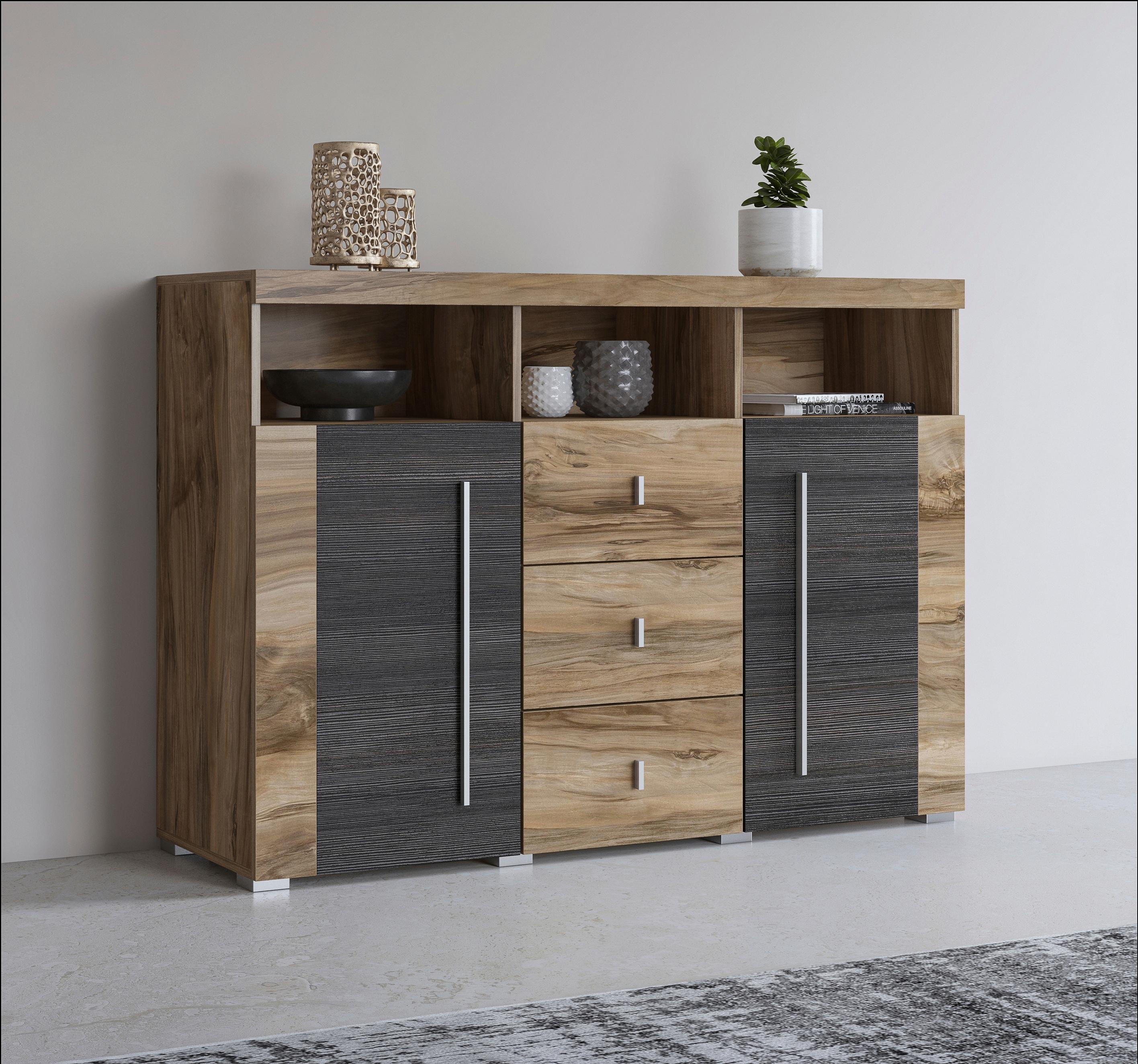 Sideboard OTTO HOME "Roger,Breite 132cm, stilvolle Schrank, 2 Holztüren 3 Schubladen", braun (satin nussbaumfarben, schwarzwood), B:132cm H:92cm T:38,5cm, FSC-zertifizierter Holzwerkstoff, Sideboards, Sideboard, Kommode mit viel Stauraum, Einlegeböden verstellbar