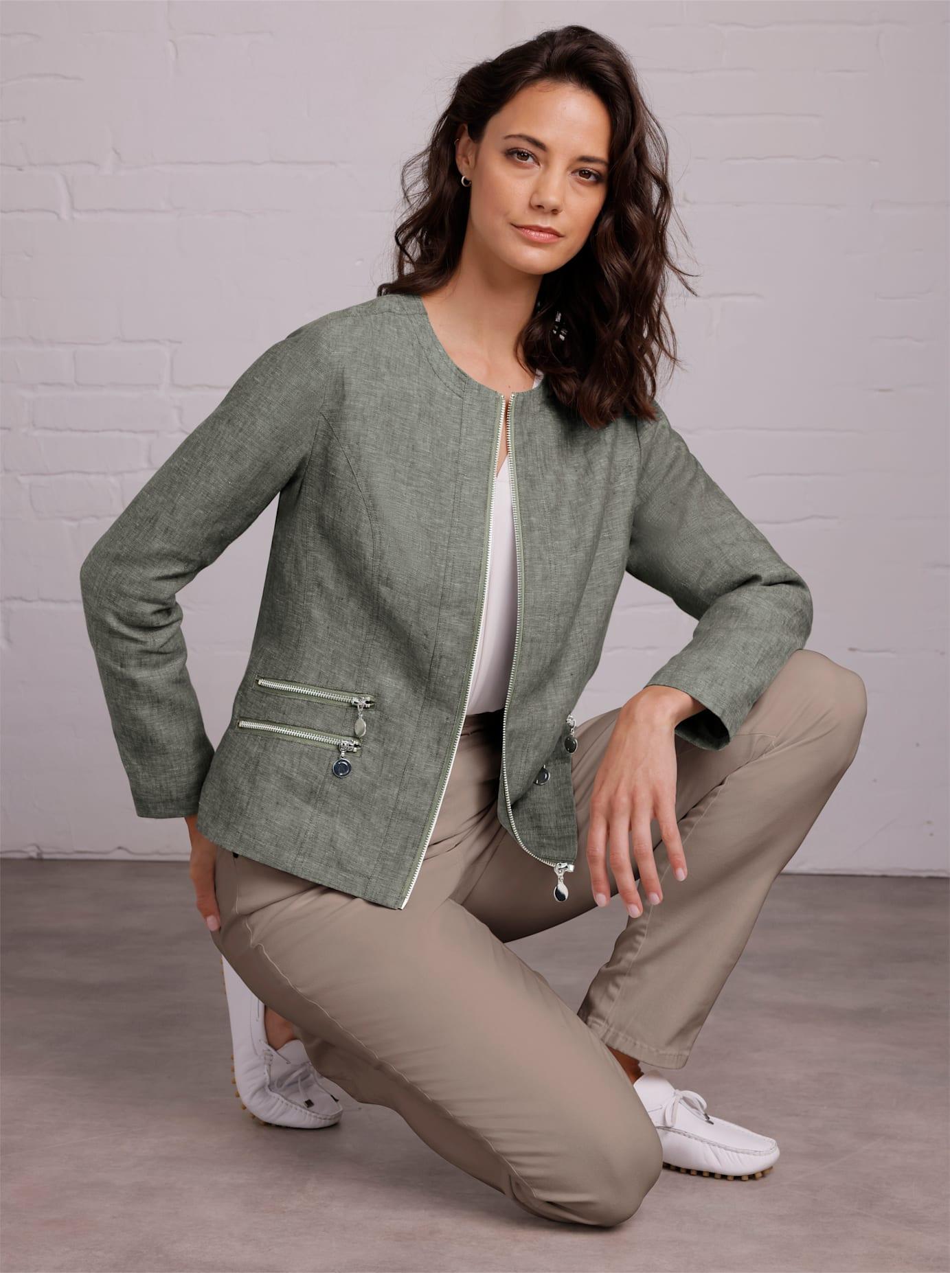 Jackenblazer CREATION L PREMIUM "Leinen-Blazer", Damen, Gr. 40, khaki, weiß, meliert, 100% Leinen, Blazer Jackenblazer
