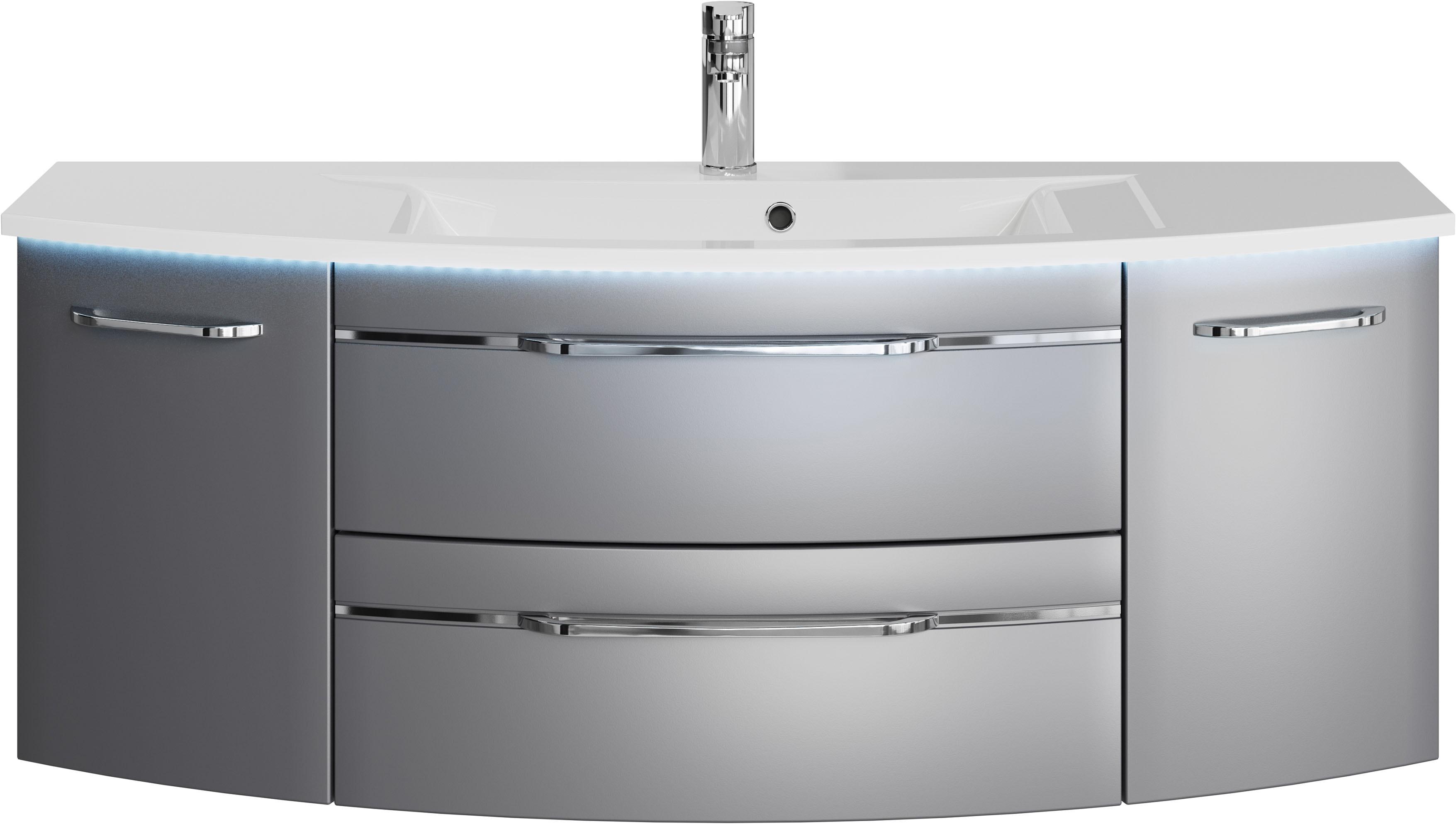 Waschtisch SAPHIR "Serie 7045 Mineralmarmor-Waschtisch und Unterschrank, 131 cm breit", grau (stahlgrau metallic), B:131cm H:50,2cm T:49,8cm, Waschtische, Waschtisch, Waschplatz mit 2 Schubladen, 2 Türen, Badmöbel Set mit Waschtisch