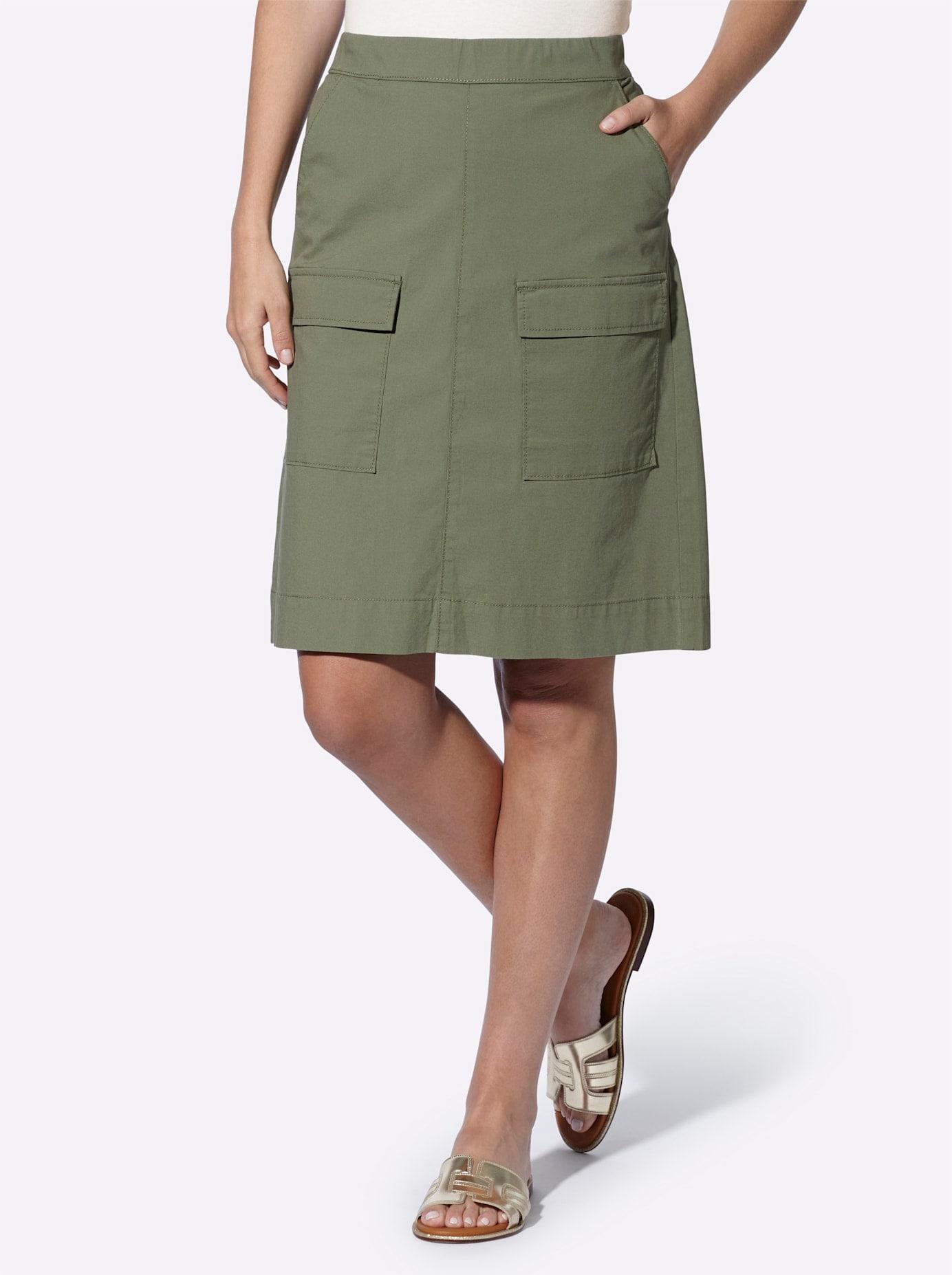 Schlupfrock HEINE, Damen, Gr. 42, khaki, 97% Baumwolle, 3% Elasthan, unifarben, kurz, Röcke Schlupfrock