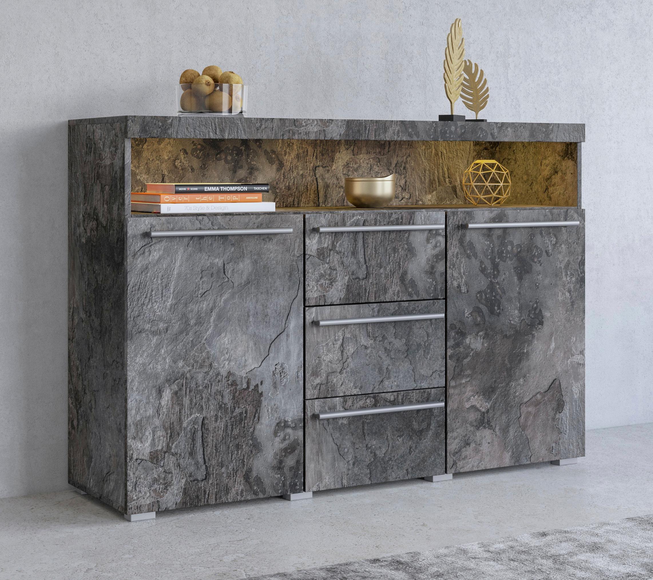 Sideboard OTTO HOME "India,Breite 132cm stilvolle Anrichte mit 2Türen, 3 Schubladen", schwarz (schiefer, schiefer), B:132cm H:92cm T:38,5cm, ABS-Kunststoff, FSC-zertifizierter Holzwerkstoff, Kunststoff, Metall, Sideboards, Sideboard, Kommode viel Stauraum, Einlegeböden verstellbar,ohne Beleuchtung
