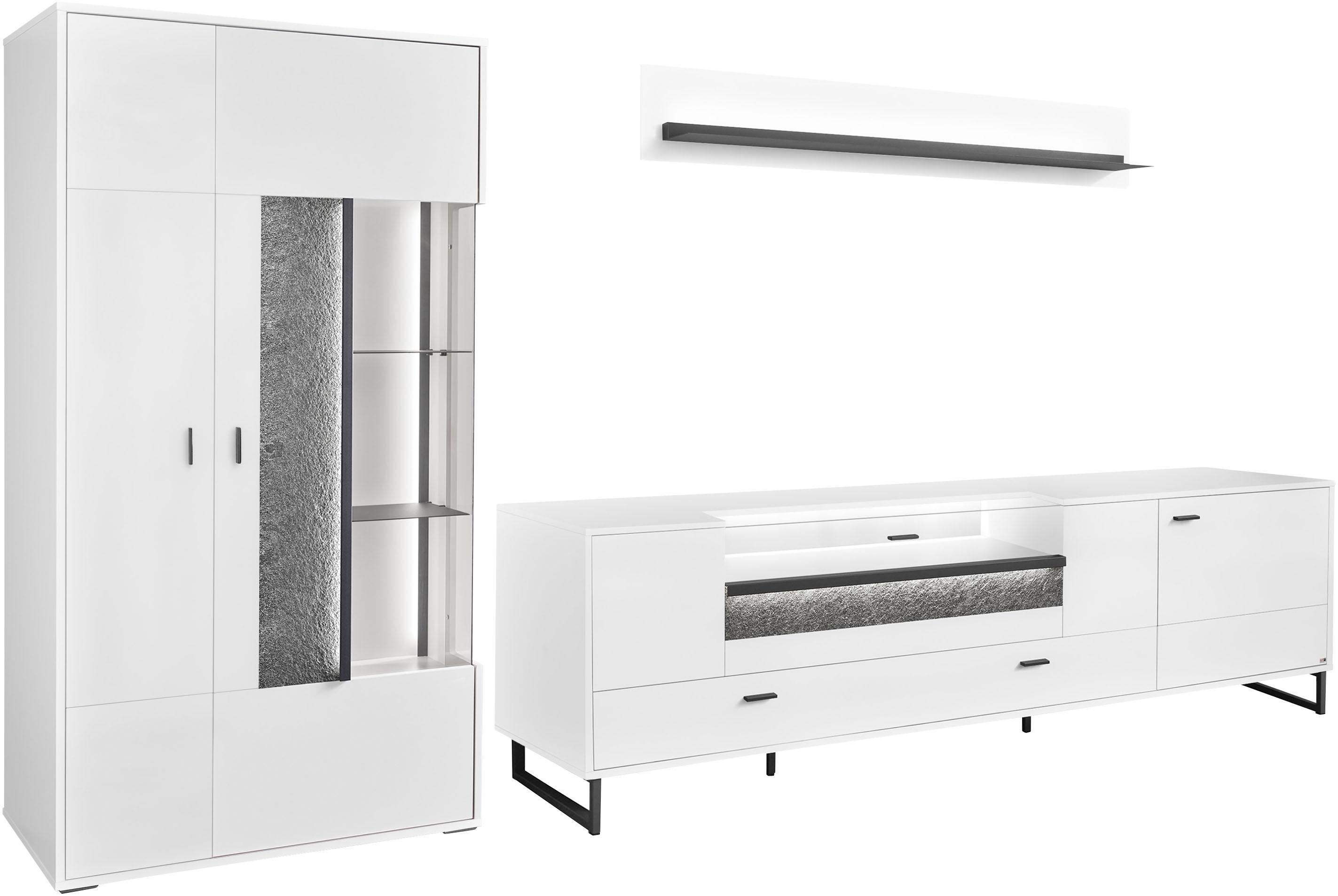 TV-Wand "Deltona", weiß (weiß matt), B:317,4cm H:198cm T:50,2cm, Holzwerkstoff, SET ONE BY MUSTERRING, Kastenmöbel-Sets, TV-Wand, Zierelemente aus Sandstein, inkl. Beleuchtung, Gesamtbreite ca. 317 cm