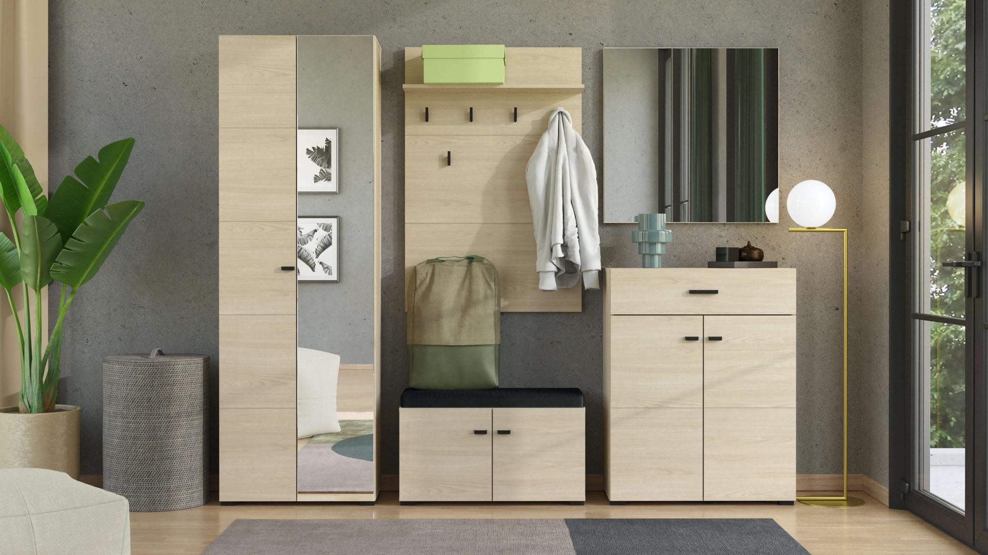 Garderoben-Set HOME AFFAIRE "Rathlin Flurmöbel, Dielenmöbel, Flurschrank, Flurgarderobe", helle hafeneiche, B:218cm H:194cm T:35cm, Glas, Holzwerkstoff, Metall, Kastenmöbel-Sets, Garderoben-Set, inkl. 2 Schränke, Sitzbank mit Kissen, Garderobenpaneele und Spiegel