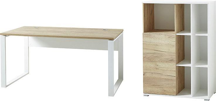 Büromöbel-Set GERMANIA "GW-Lioni", weiß (weiß, navarra, eiche, nachbildung), Holzwerkstoff Metall, Holzwerkstoff, Metall, Arbeitsmöbel-Sets, Büromöbel-Set