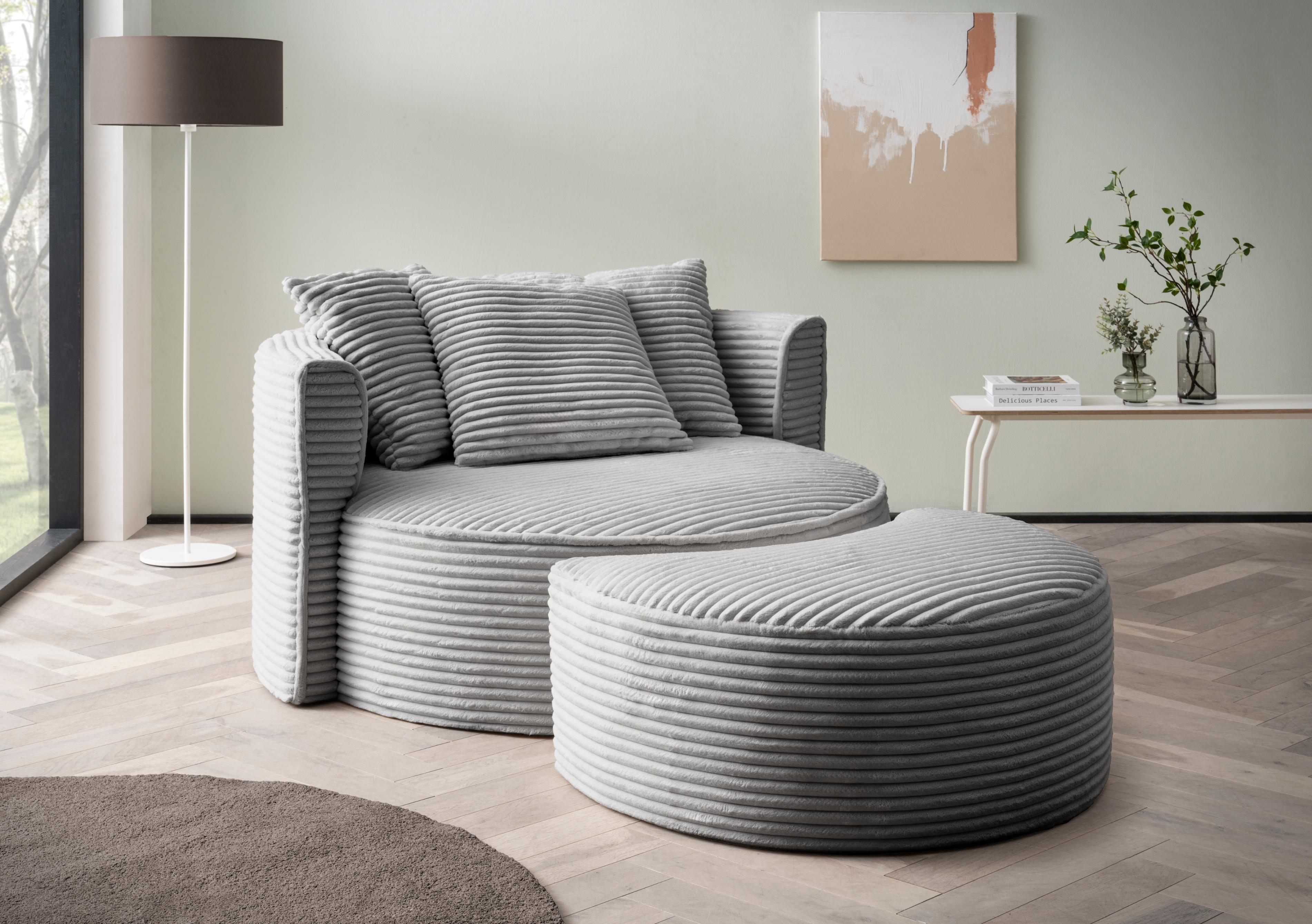 XXL-Sessel "ISALIE, Rundsessel mit Hocker, Lesesessel, Loveseat, Big-Sessel", grau (hellgrau), B:153cm H:98cm T:208cm, LEGER HOME BY LENA GERCKE, Sessel, XXL-Sessel, trendige Stoffe, 3 Zierkissen, große Sitzfläche, Cord, Samt, Bouclé