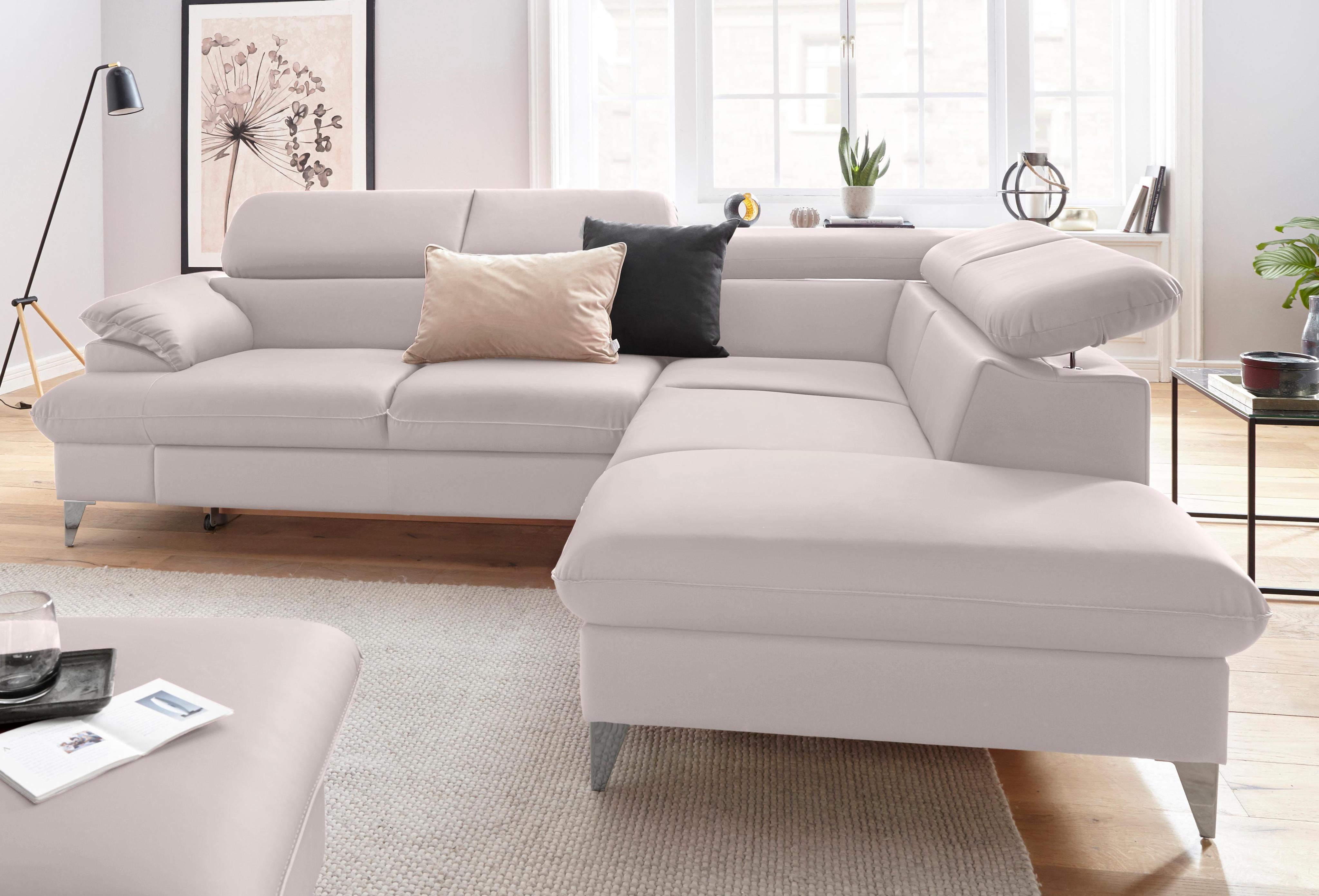 Ecksofa COTTA "Caluso L-Form", beige (fog), B:256cm H:74cm T:208cm, Kunstleder SOFTLUX;NaturLEDER (echtes Rindsleder);Microfaser PRIMABELLE (100% Polyester), Sofas, Ecksofa, mit Kopfteilverstellung, wahlweise mit Bettfunktion & Bettkasten