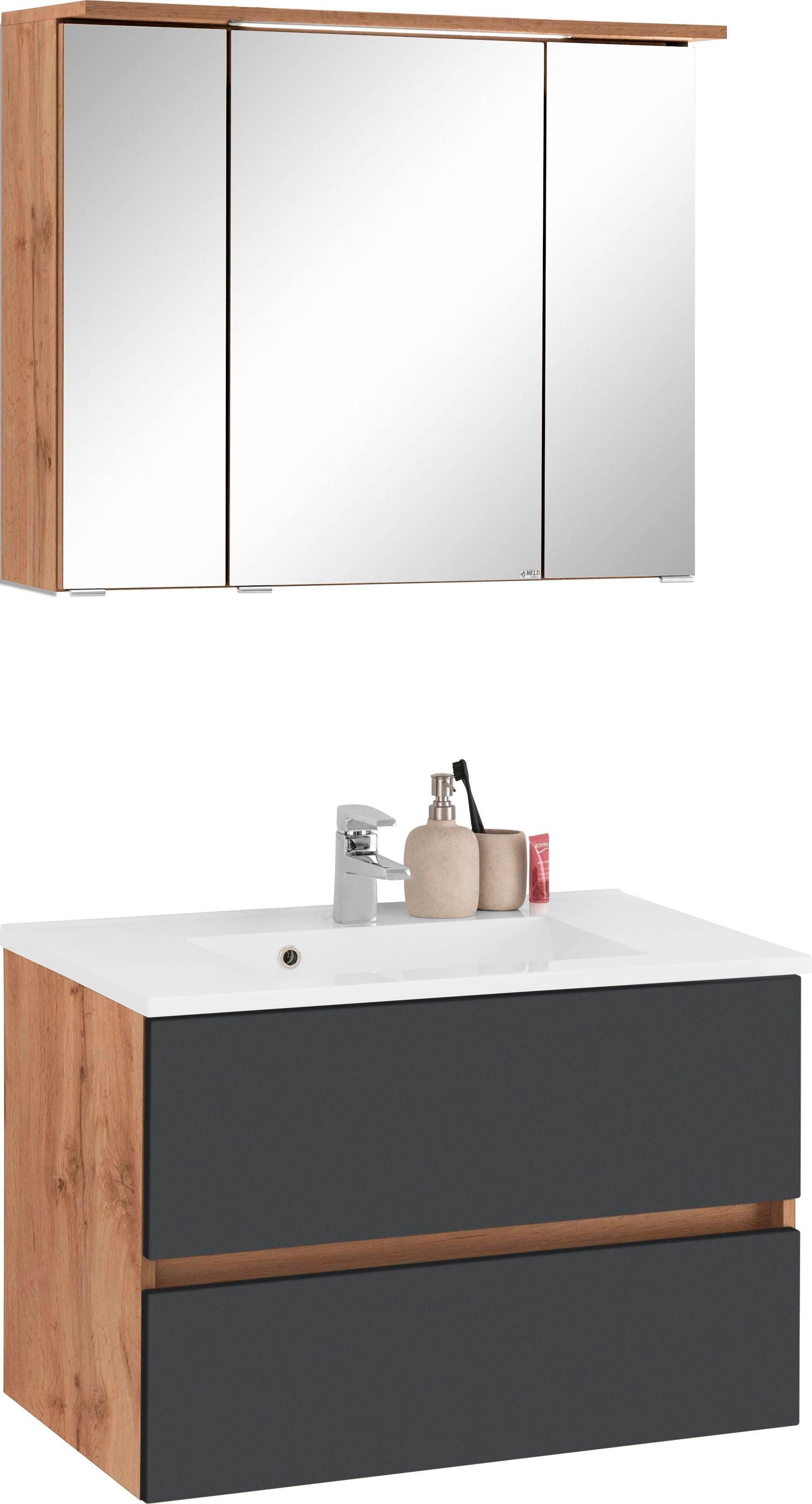 Badmöbel-Set WELLTIME "Lucca", grau (eichefarben, grau), Kastenmöbel-Sets, Badmöbel-Set, Breite 80 cm, mit direkter LED-Beleuchtung