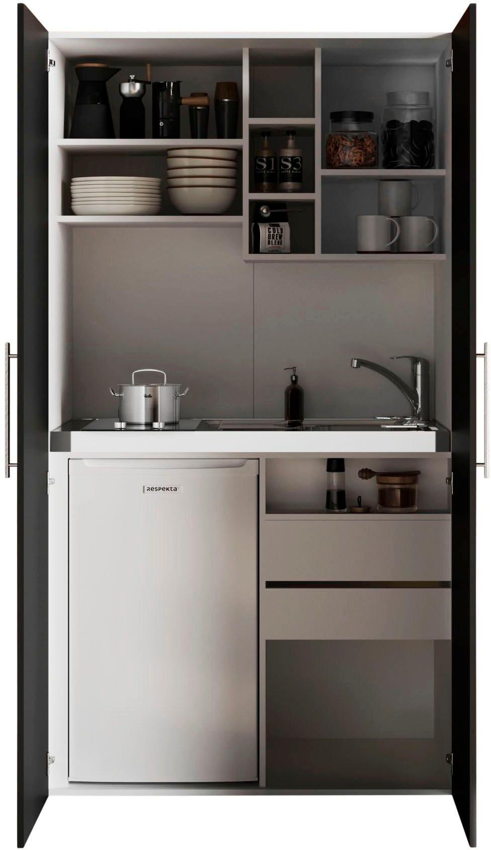 Pantryküche RESPEKTA "Peter, Kochfeld von SCHOTT CERAN, wahlw. mit Mikrowelle, Korpus Weiß", schwarz (küche: schwarz, korpus: weiß, arbeitsplatte:,), B:104cm H:193cm T:65cm, Komplettküchen-Sets, Pantryküche, Breite 104 cm, in exclusiver Konfiguration für OTTO