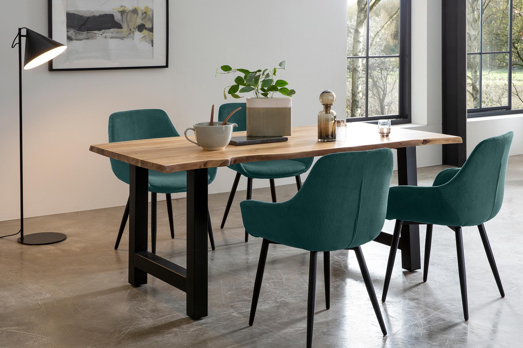 Essgruppe SALESFEVER "Stilvolle Essgruppe", grün (natur, grün, schwarz, grün, schwarz), Cord, 180,90, Massivholz, Metall, Polyester, Sitzmöbel-Sets, Essgruppe, 5-teiliges Massivholz-Set, geölt und doppelt gewachst