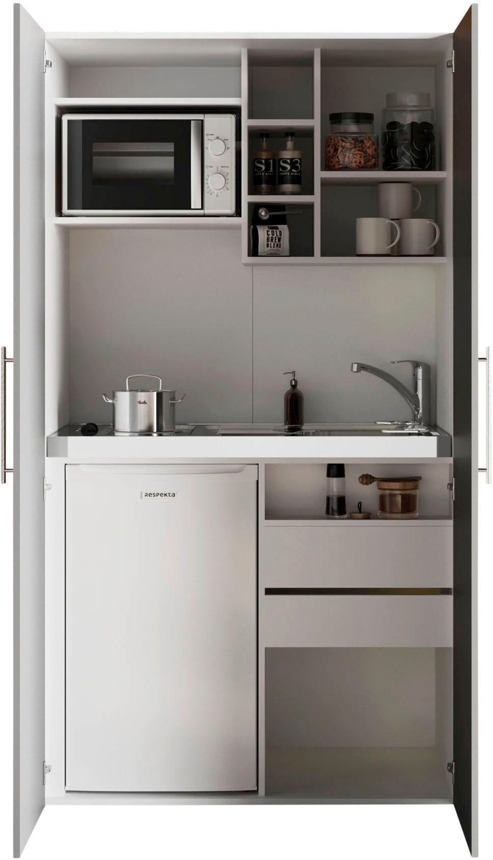Pantryküche RESPEKTA "Peter, mit Duo Kochfeld, wahlweise mit Mikrowelle, Korpus Weiß", grau (küche: grau, korpus: weiß, arbeitsplatte:,), B:104cm H:193cm T:67cm, Komplettküchen-Sets, Pantryküche, Breite 104 cm, in exclusiver Konfiguration für OTTO