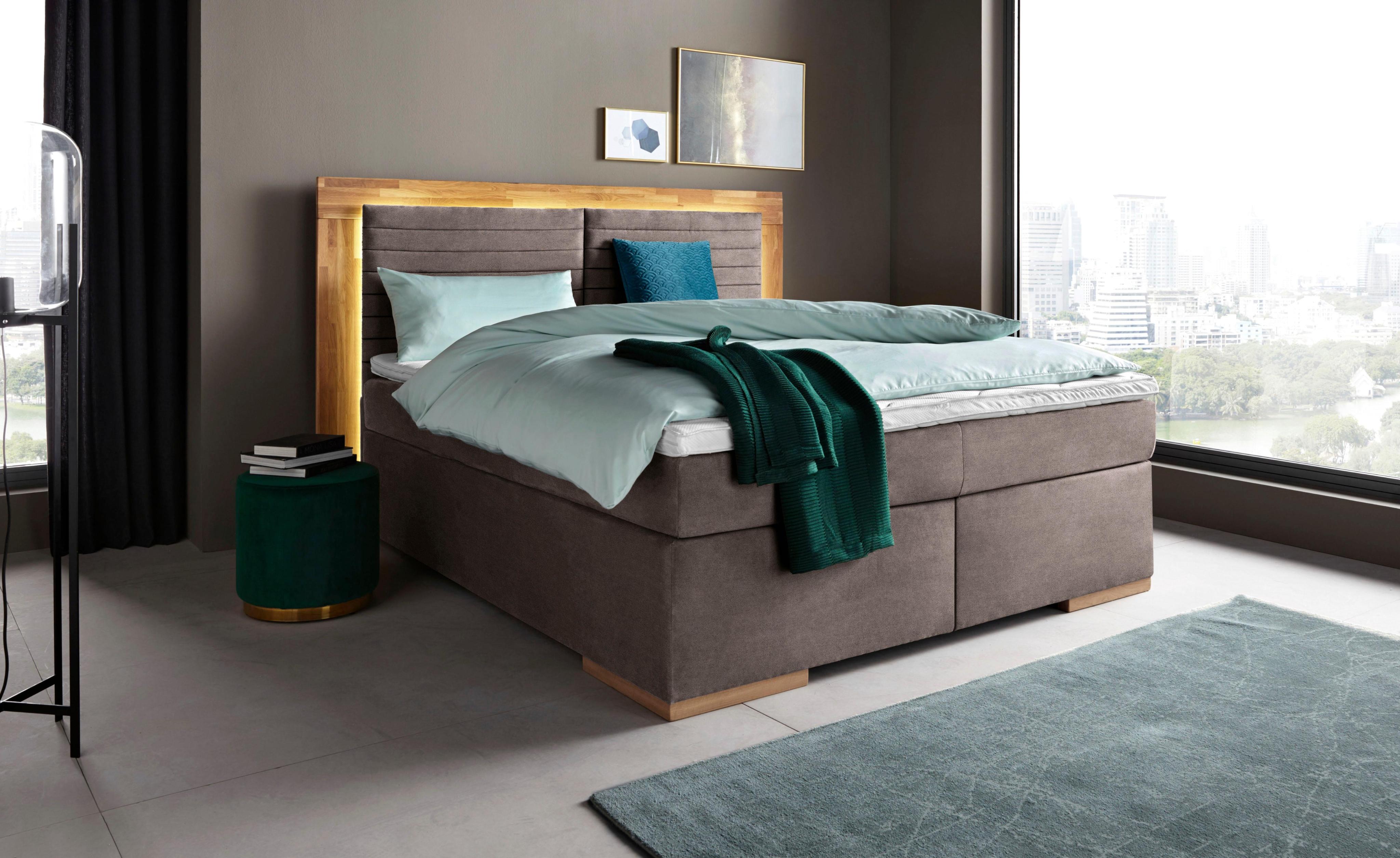 Boxspringbett HOME AFFAIRE "Cup", grau (charcoal), B:210cm L:206cm, Bezug: Luxus-Microfaser (100% Polyester);Bezug: Microfaser (100% Polyester), Komplettbetten, Boxspringbett, mit LED-Beleuchtung, Massivholzrahmen und Topper, in 2 Härtegraden