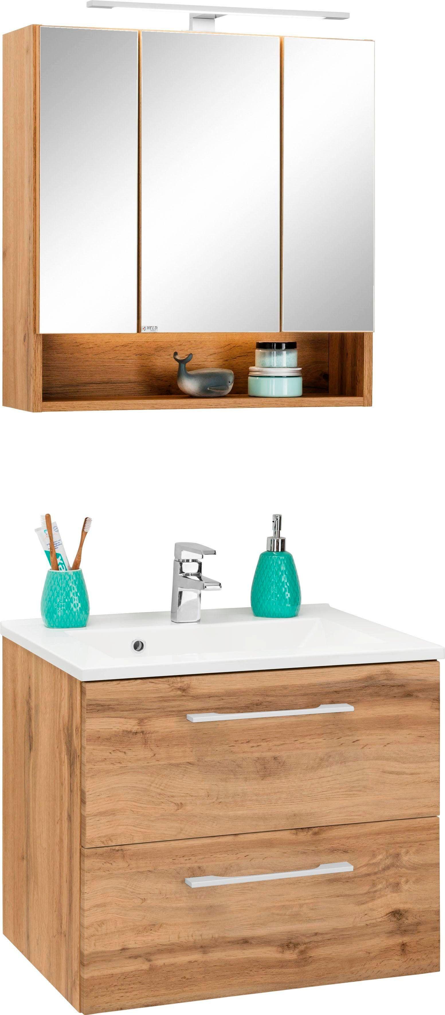 Badmöbel-Set WELLTIME "Soria", braun (eichefarben), Holzwerkstoff, Kastenmöbel-Sets, Badmöbel-Set, Waschtisch Breite 60 cm, Spiegelschrank