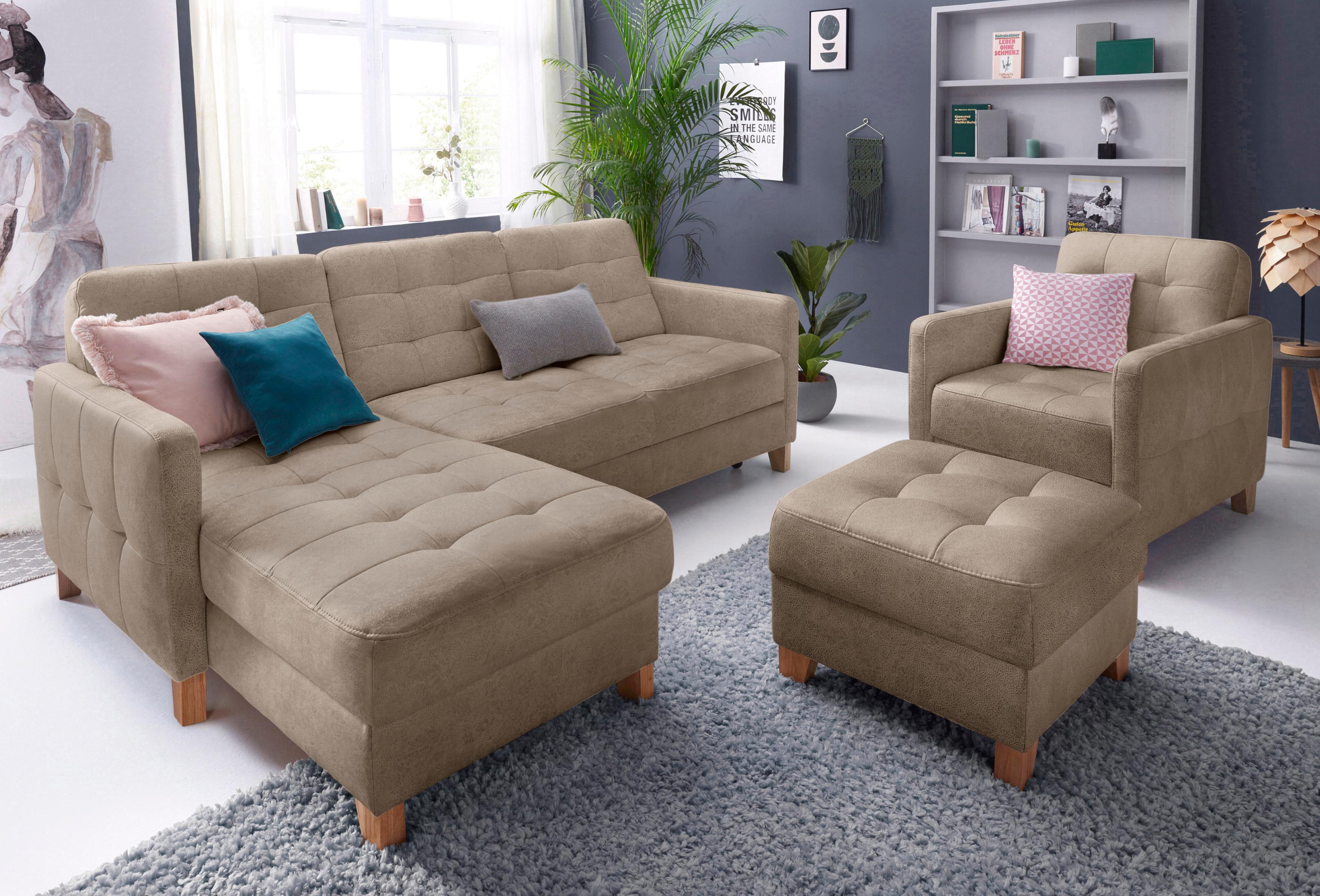 Ecksofa EXXPO - SOFA FASHION "Elio, kompakt, bequem & zeitloses Design, Breite 217cm, L-Form", braun (cappuccino), B:217cm T:157cm, Luxus-Kunstleder;NaturLEDER (echtes Rindsleder) in Sitz und Rücken. Korpus in passendem Kunstleder SOFTLUX bezogen, Sofas, Ecksofa, wahlweise mit Bettfunktion