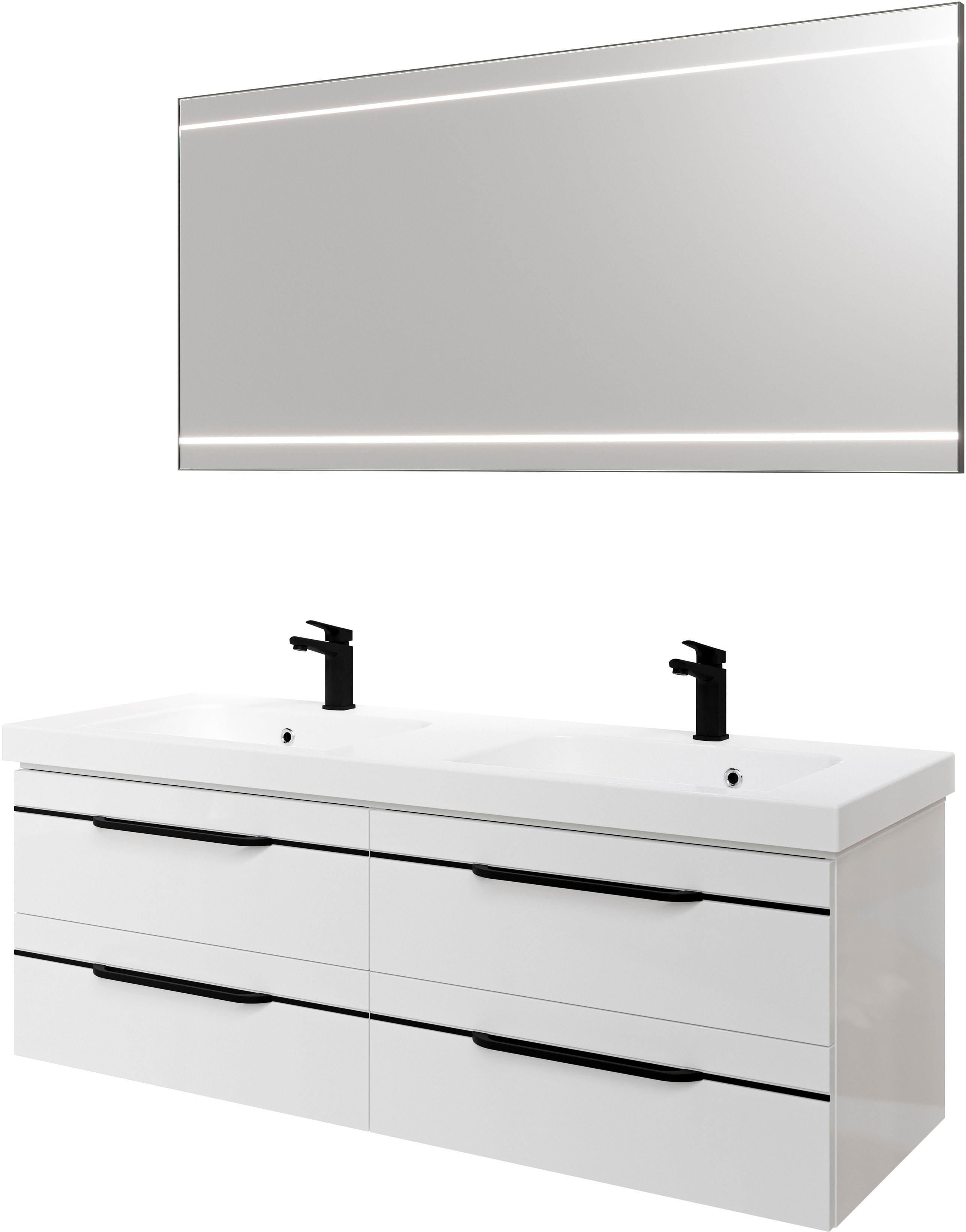 Badmöbel-Set SAPHIR "Balto 2-teilig Mineralmarmor-Doppelwaschtisch mit LED-Spiegel", weiß (weiß hochglanz mit schwarzer einlage), B:150cm H:200cm T:50,8cm, Holzwerkstoff, Kastenmöbel-Sets, Badmöbel-Set, Waschplatz 150 cm breit, 4 Schubladen, inkl. Schubladendämpfer