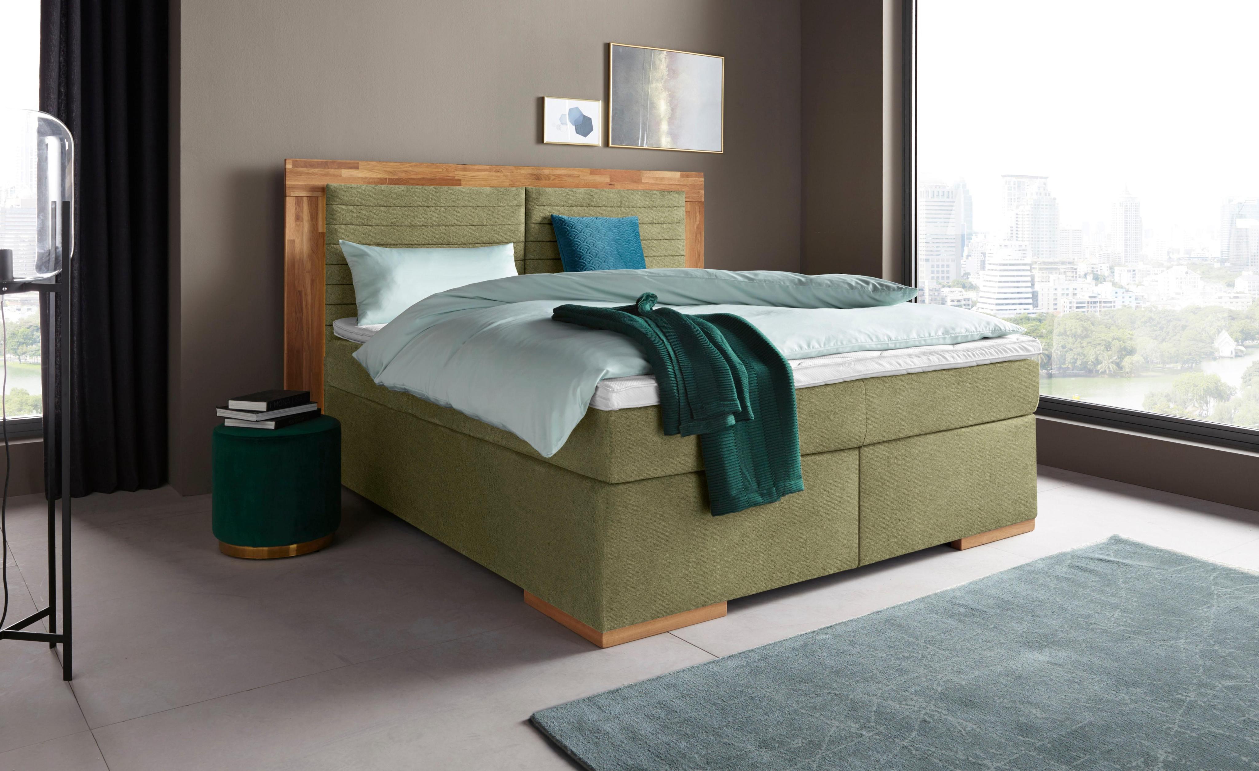 Boxspringbett HOME AFFAIRE "Cup", grün (olive), B:190cm L:206cm, Bezug: Luxus-Microfaser (100% Polyester);Bezug: Microfaser (100% Polyester), Komplettbetten, Boxspringbett, mit Massivholzrahmen, mit Topper, in 2 Härtegraden, in 3 Breiten