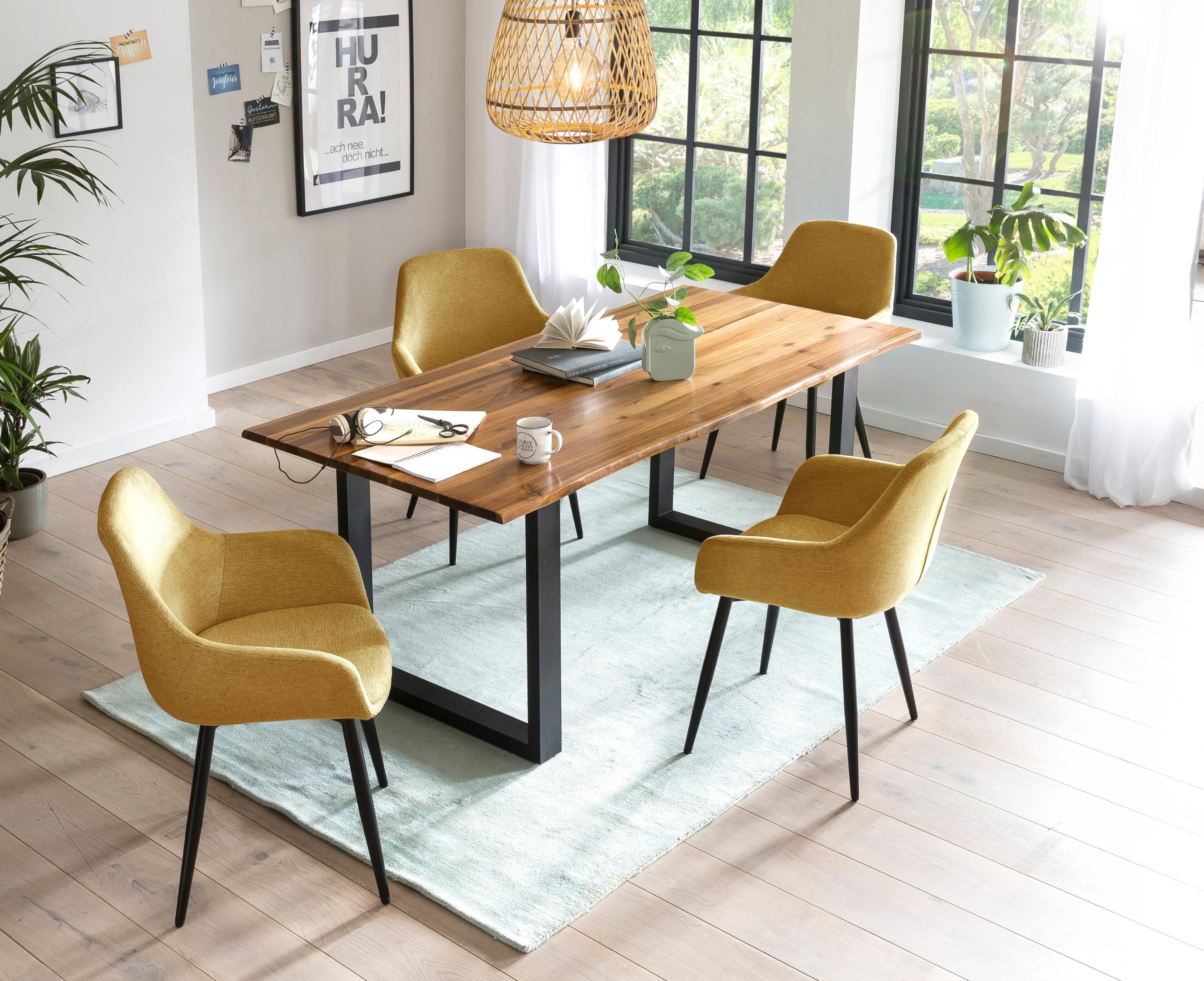 Essgruppe SALESFEVER "- stilvolles Design", gelb (cognac, gelb, schwarz, gelb, schwarz), Strukturstoff, 180,90, Massivholz, Metall, Polyester, Sitzmöbel-Sets, Essgruppe, 5-teiliges Set mit authentischer Baumkanten-Tischplatte