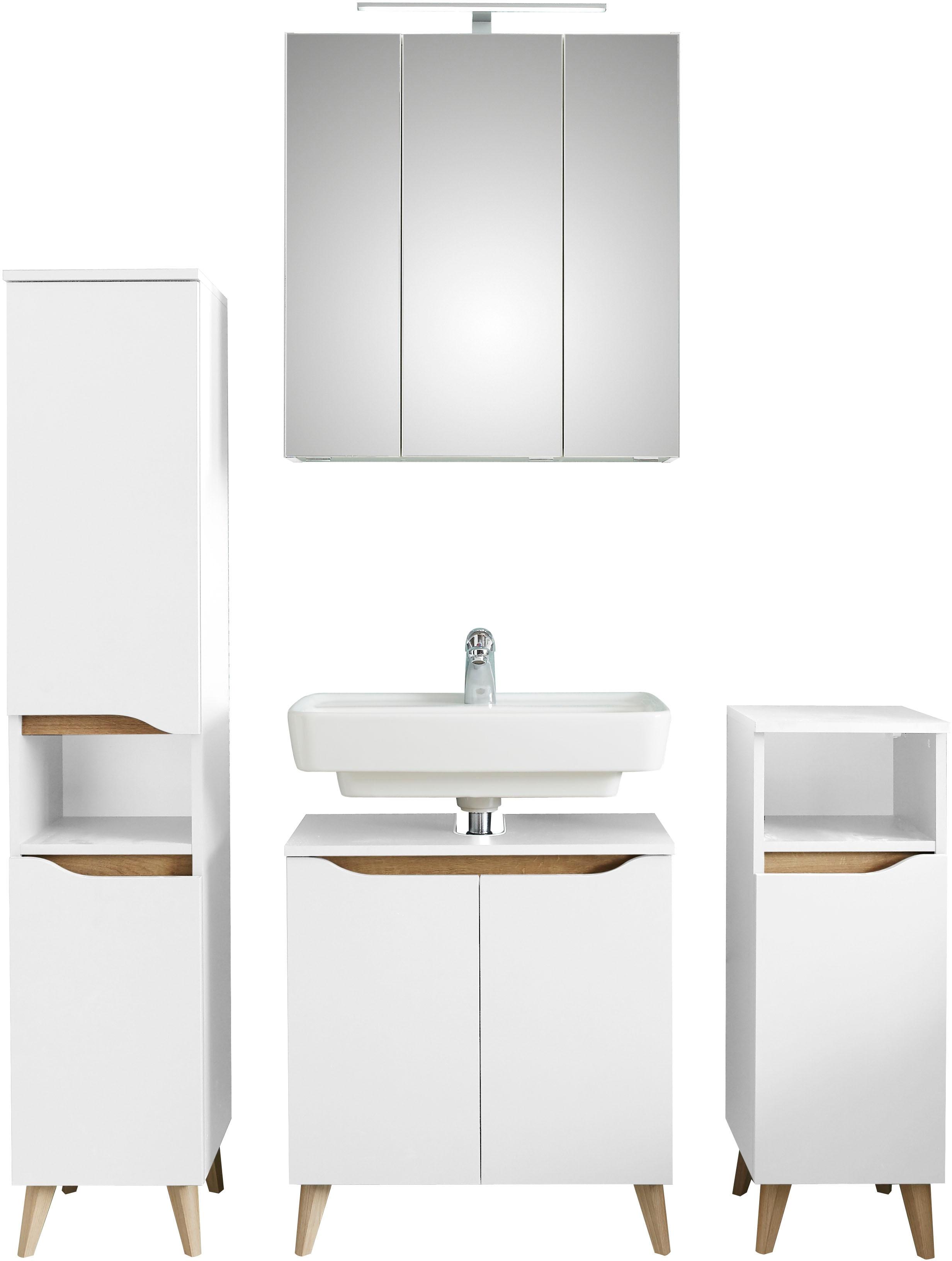 Badmöbel-Set SAPHIR "Quickset 4-teilig, Waschbeckenunterschrank mit LED-Spiegelschrank", weiß (weiß seidenglanz), B:125cm T:33cm, Glas, Holzwerkstoff, Kastenmöbel-Sets, Badmöbel-Set, Unterschrank, Midischrank, inkl. Türdämpfer, 8 Türen, 2 Nischen