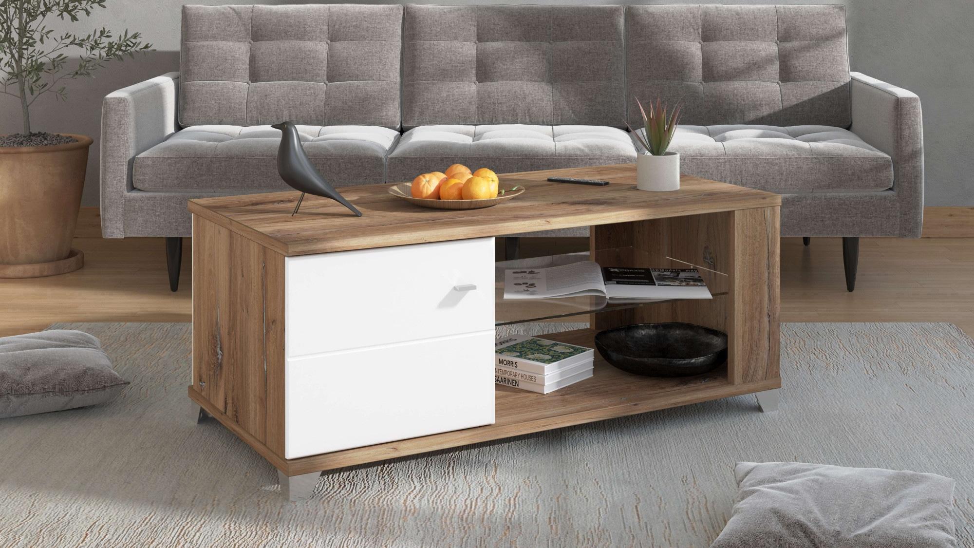 Couchtisch INOSIGN "Burgundy120 cm, rechteckig, in zeitloser Design", , flagstaf eiche, opaque weiß, flagstaf eiche, flagstaf eiche, opaque weiß, flagstaf eiche, B:118cm H:48,5cm T:60cm, Tische, Couchtisch, mit viel Stauraum, Flagstaf Eiche Dekor mit Segmenten in Weiß