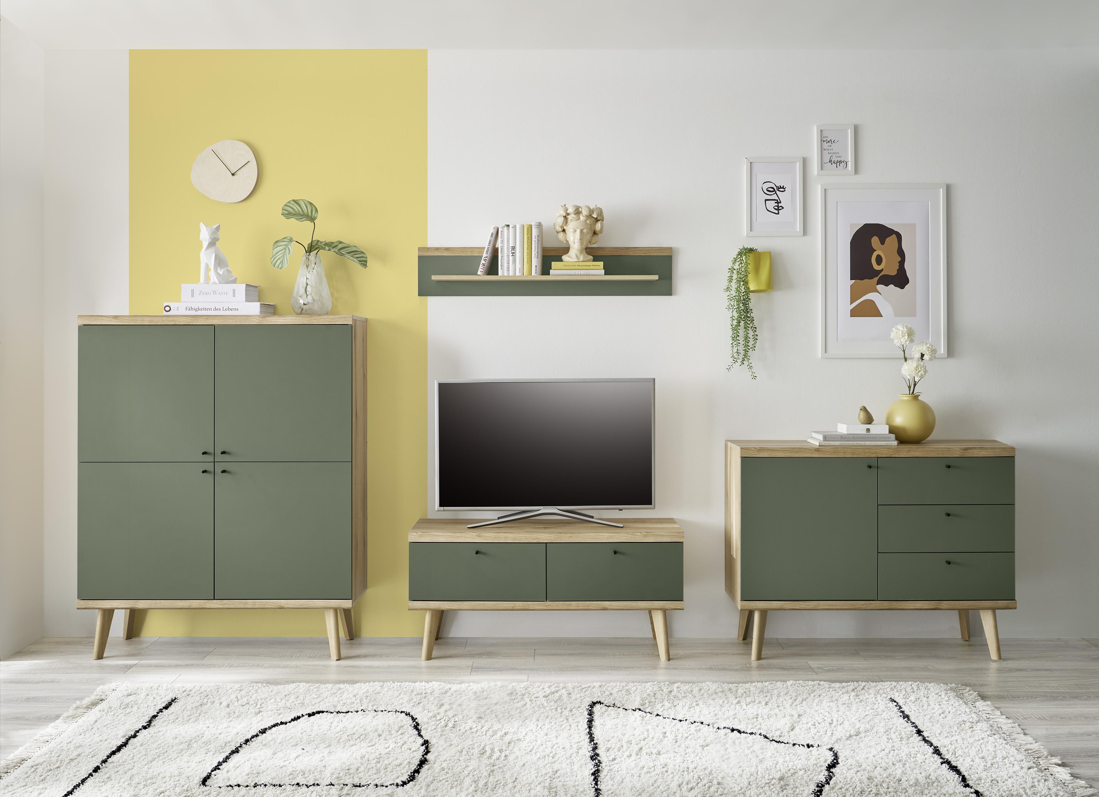 Wohnwand HOME AFFAIRE "MAVAS", braun (eiche dekor), B:341cm H:170cm T:40cm, Kastenmöbel-Sets, Wohnwand, in moderner Trendfarbe, Griffe aus Metall (Schwarz), Breite 341 cm