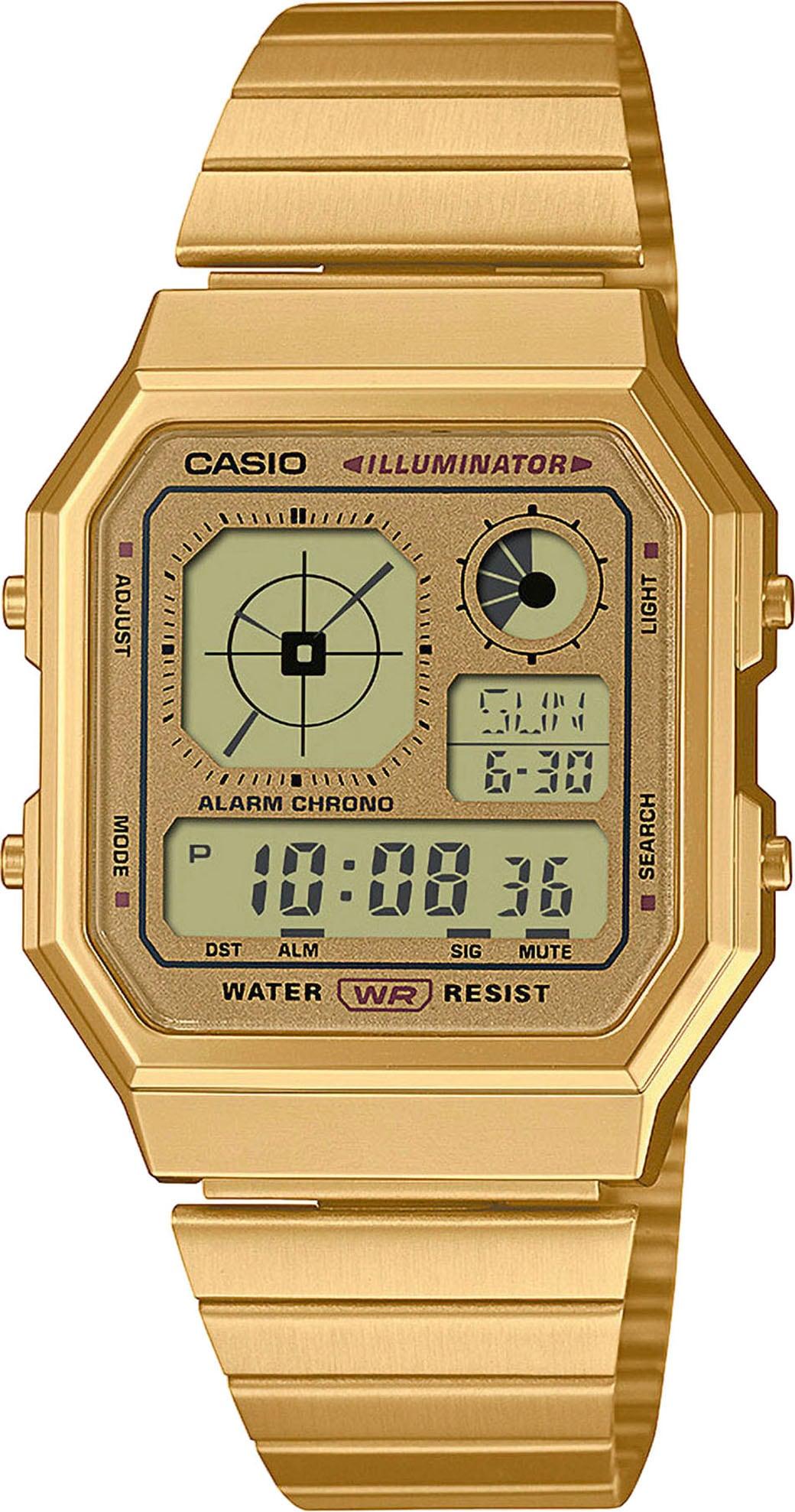 Chronograph CASIO VINTAGE, gold (goldfarben, gelbgoldfarben), Armbanduhren, Damen, Chronograph, Quarzuhr, Armbanduhr, Damenuhr, Herrenuhr, Edelstahlarmband, digital