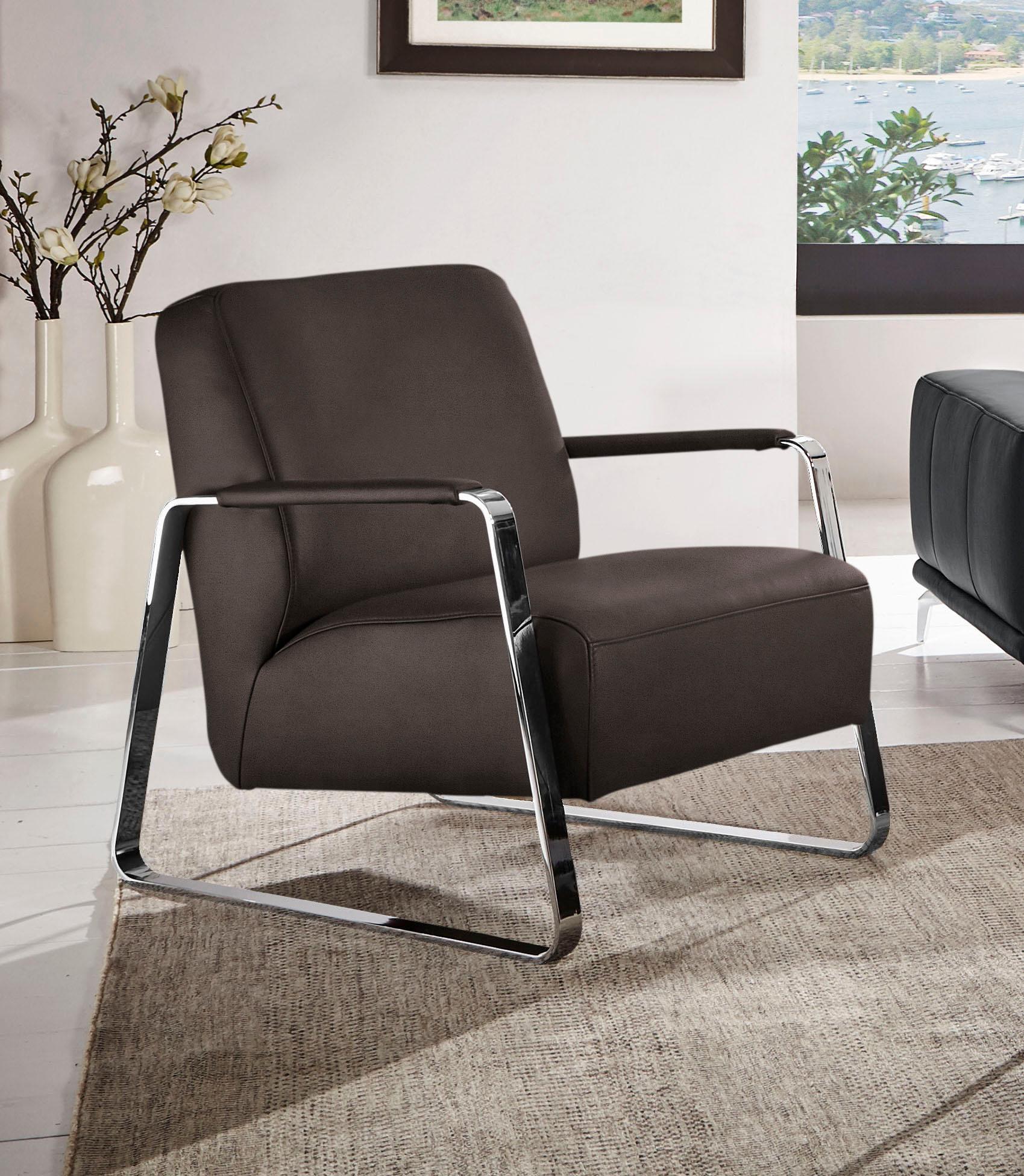 Cocktailsessel W.SCHILLIG "quadroo Designsessel, Loungesessel", braun (mocca s37), B:65cm H:82cm T:82cm, Velourgewebe V41 (100% Polyester);Longlife Xtra-Leder Z59 - Glattleder;Longlife Xtra-Leder Z73 - Glattleder;Stoff S37 (100% Polyester): Luxus-Microfaser in Lederoptik, Sessel, Cocktailsessel, mit bezogenen Armlehnen, Gestell in Chrom glänzend