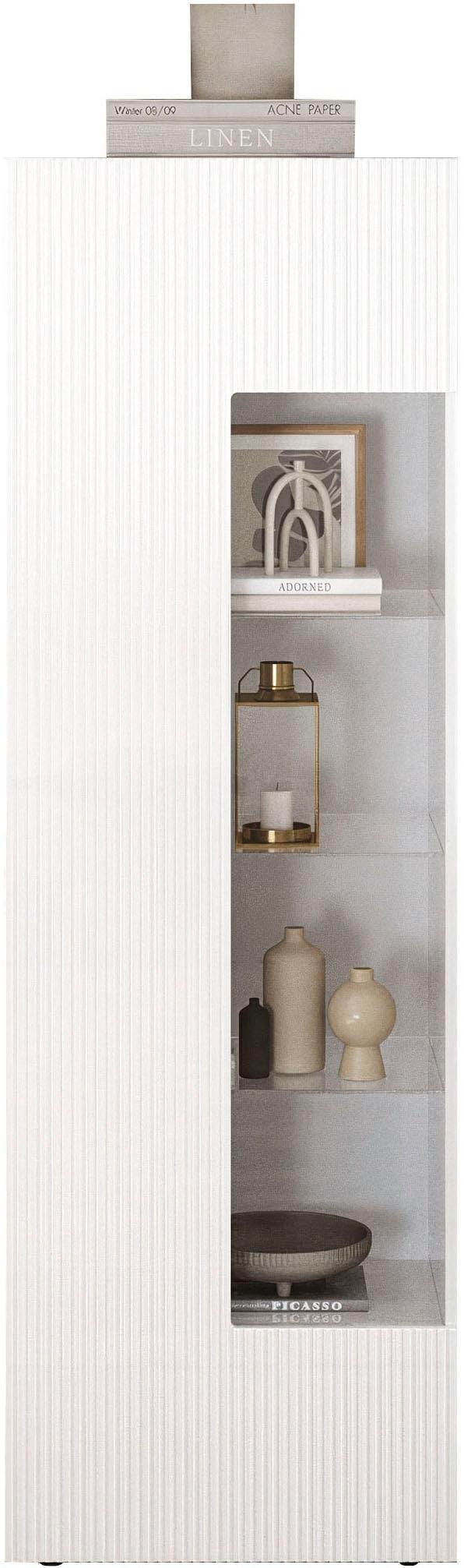 Vitrine HOME AFFAIRE "RIO, Höhe 187 cm, Hochschrank mit 1 Tür, Anrichte, Standvitrine", weiß hochglanz lack, front mit geriffelter struktur, B:60cm H:187cm T:42cm, FSC-zertifizierter Holzwerkstoff, Schränke, Vitrine, Vitrinenschrank, geriffelte MDF-Front, modern, elegant, geräumig