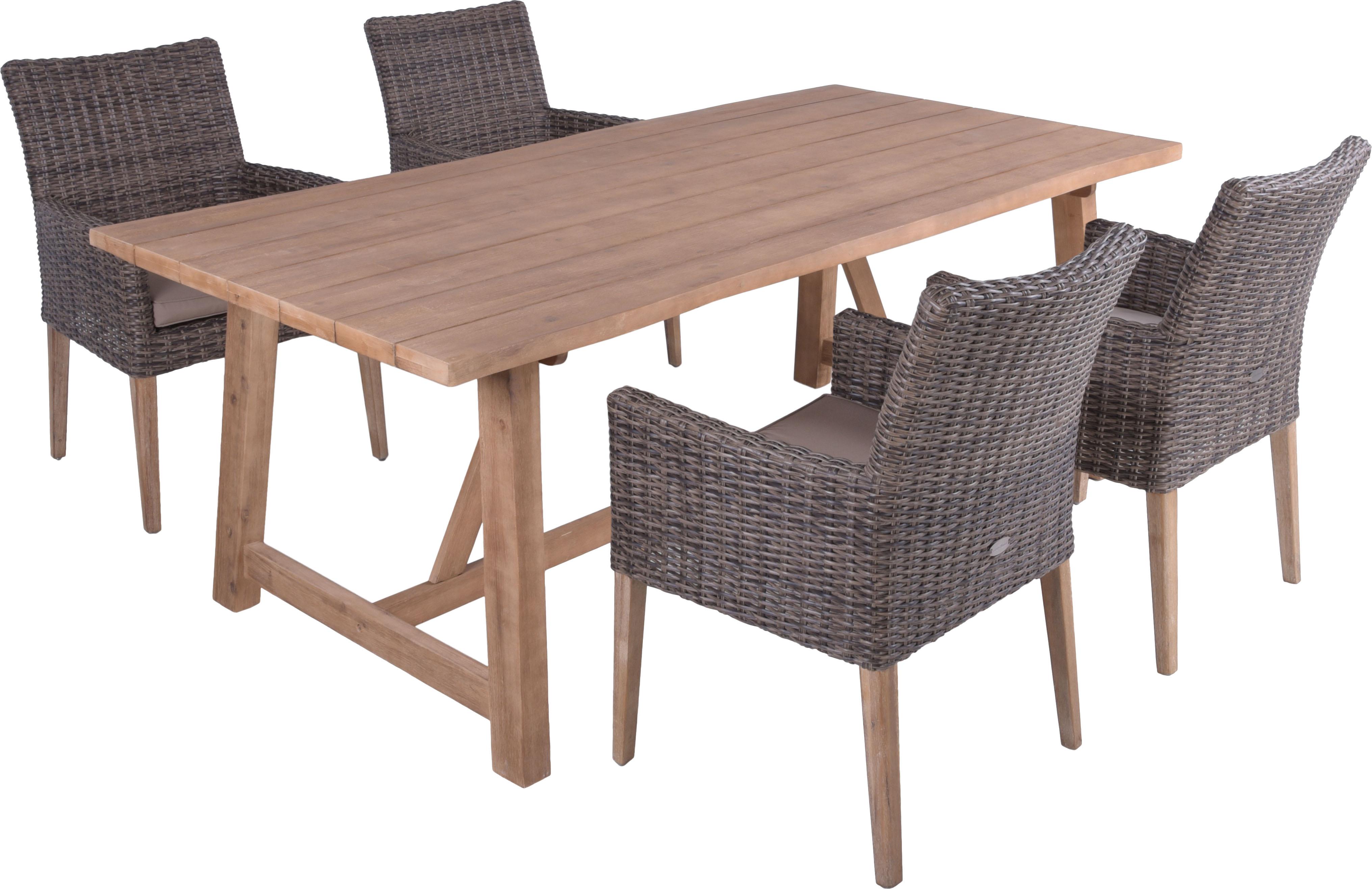 Garten-Essgruppe GARDEN PLEASURE "Tischgruppe »OAKLAND/NORVELL Set 01«", braun (hellbraun, schwarz), Aluminium, FSC-zertifizierter Holzwerkstoff, Wicker/Kunststoffgeflecht, Sitzmöbel-Sets, Garten-Essgruppe, 4 Sessel, Tisch LxB: 200x100 cm, inkl Auflagen