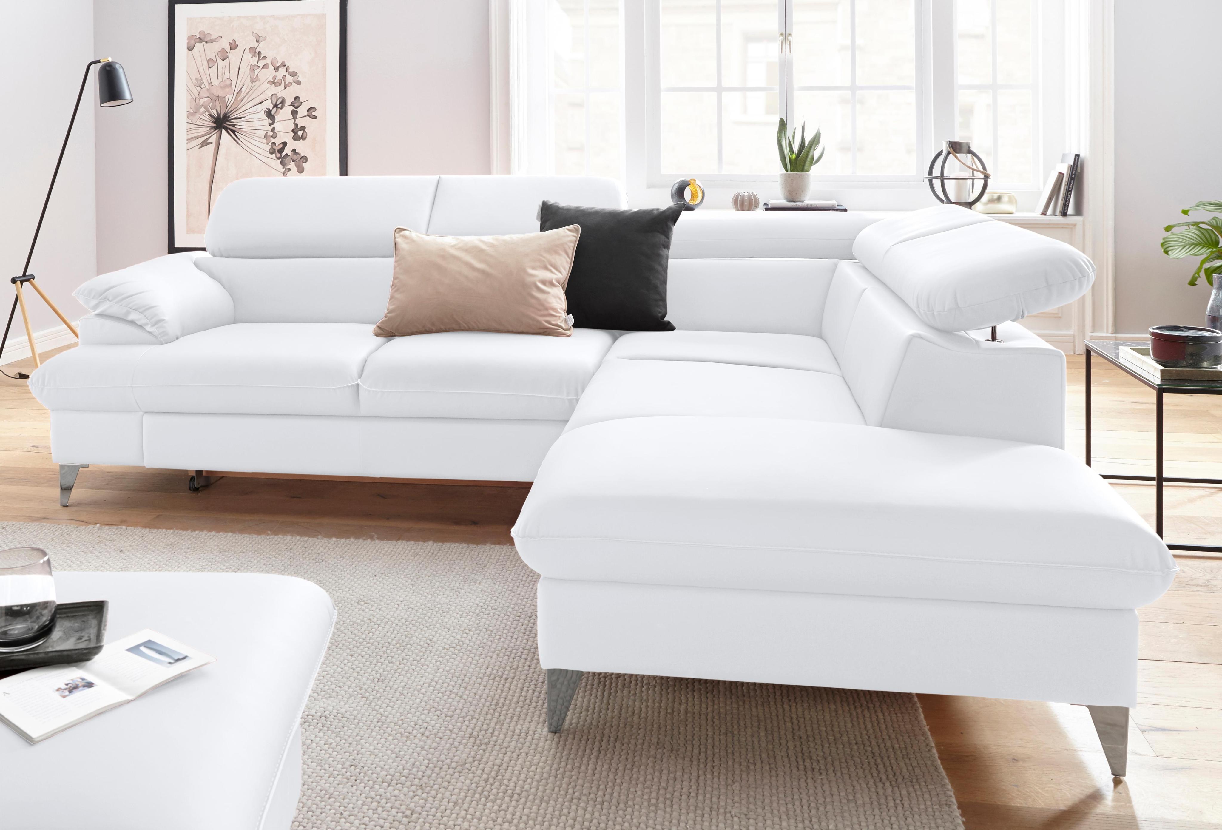 Ecksofa COTTA "Caluso L-Form", weiß (altweiß), B:256cm H:74cm T:208cm, Kunstleder SOFTLUX;NaturLEDER (echtes Rindsleder);Microfaser PRIMABELLE (100% Polyester), Sofas, Ecksofa, mit Kopfteilverstellung, wahlweise mit Bettfunktion & Bettkasten