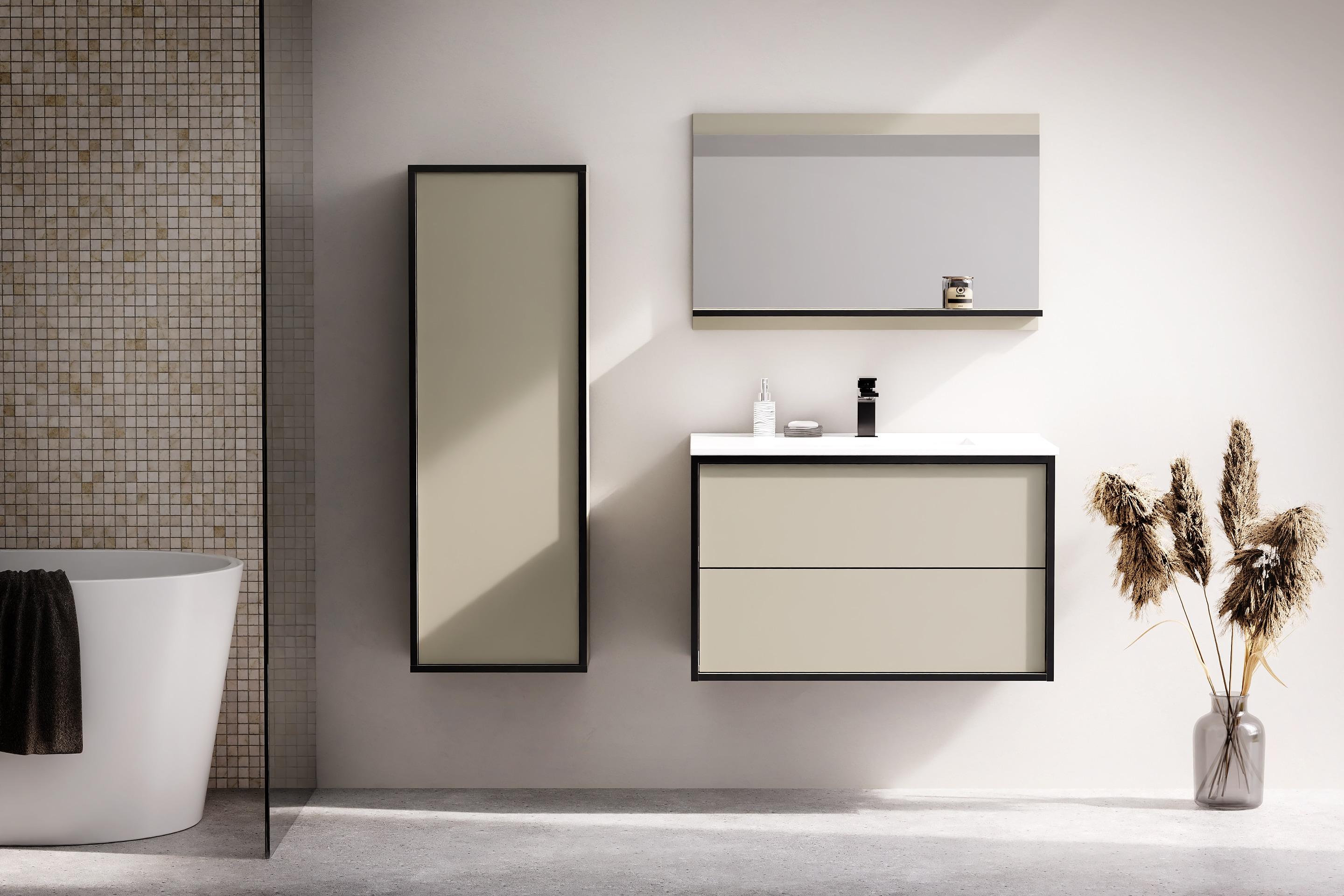 Waschtisch WELLTIME "Waschbeckenunterschrank Line mit Waschbecken,Badmöbel,zwei Schubladen", beige (congo), B:81cm H:52,2cm T:46,9cm, FSC-zertifizierter Holzwerkstoff, Keramik, MDF, Waschtische, Waschtisch, Badschrank mit Waschbecken, Push to open, Maße B/H/T: 61/53/47 cm