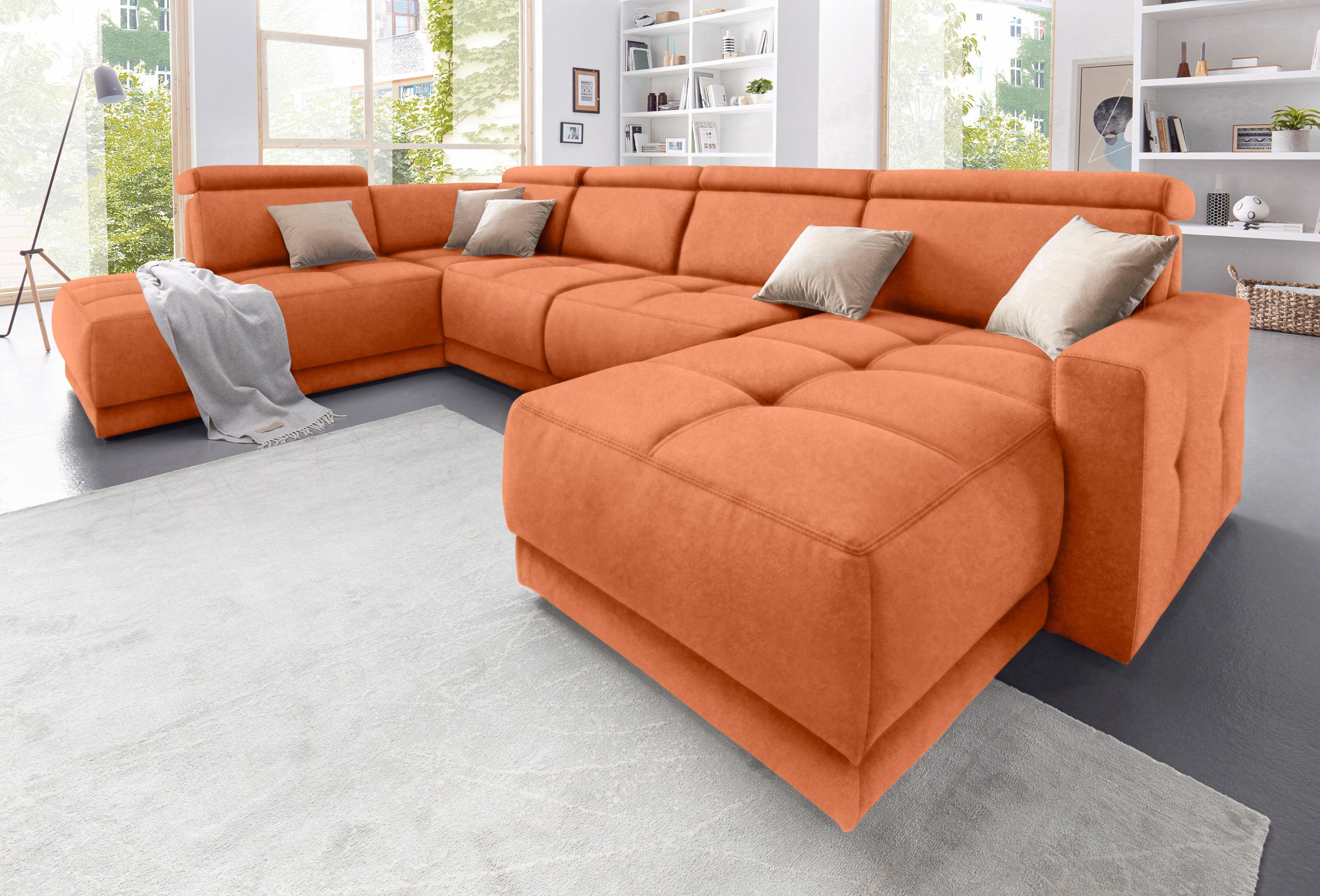 Wohnlandschaft DOMO COLLECTION "Ava moderne Sitzheftung mit toller Doppelnaht, komfortabel, U-Form", orange (terrakotta), B:351cm H:84cm T:222cm, Zierkissen: Microfaser PRIMABELLE (100% Polyester);Struktur (100% Polyester);Microfaser PRIMABELLE (100% Polyester);Kunstleder SOFTLUX;Struktur fein (100% Polyester), Sofas, Wohnlandschaft, mit Federkern, wahlweise mit Kopfteilverstellungen