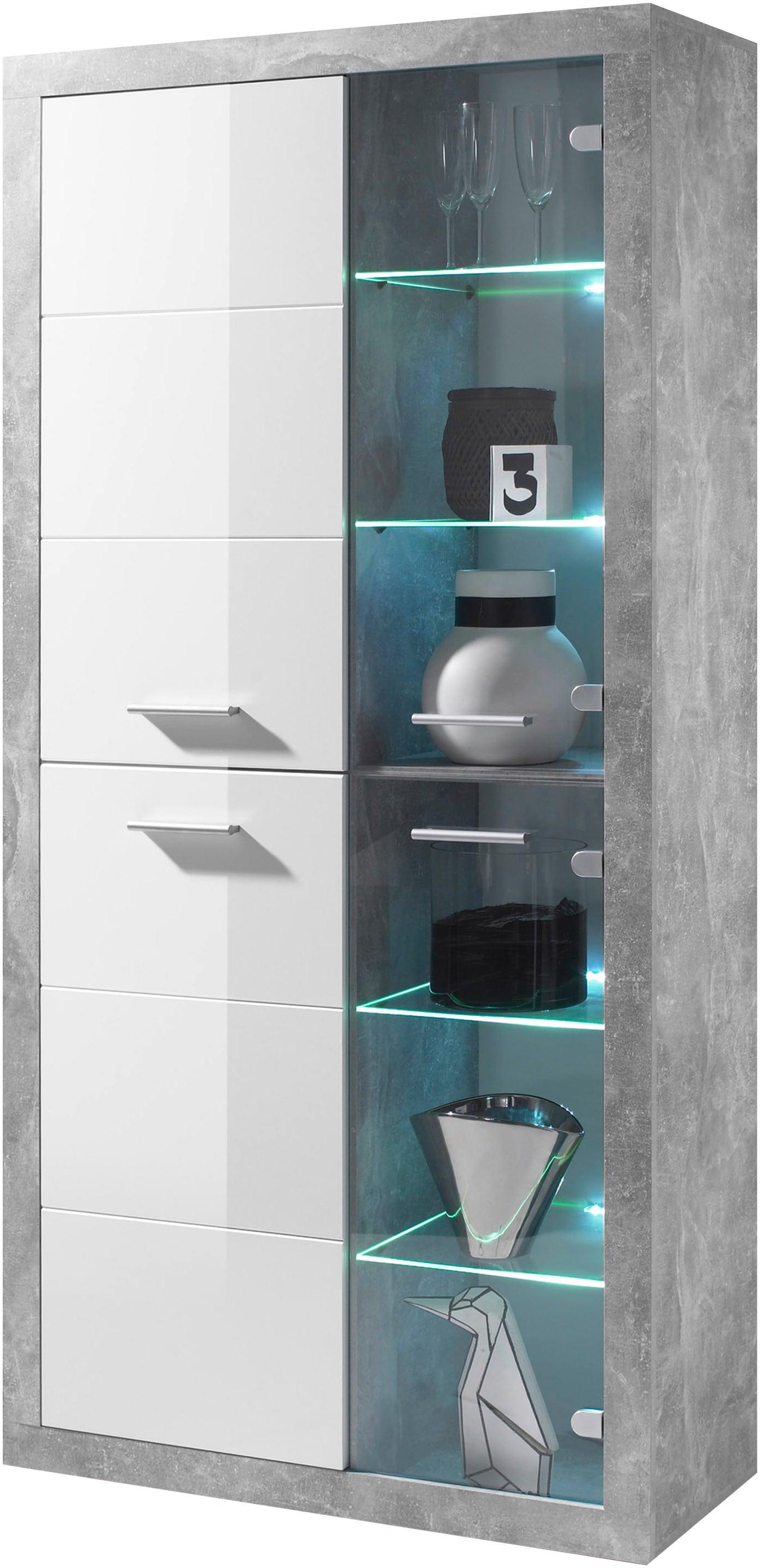 Highboard HBZ "Stone weiß Hochglanz, Wohnzimmerschrank BxHxT 92x194x37 cm", grau (beton, weiß), B:92cm H:194cm T:37cm, Holzwerkstoff, Sideboards, Highboard, Mit 2 Türen, 2 Glastüren, 4 Einlegeböden, 4 Glasböden, 2 feste Böden