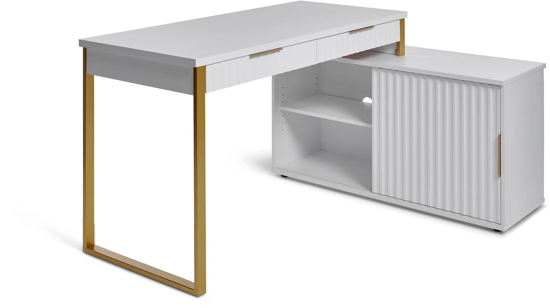 Eckschreibtisch JAHNKE "CARVE C 145 E", gold (weiß, gold, gold, weiß), B:144cm H:77cm T:115cm, Tische, Eckschreibtisch, wechselseitig montierbar, mit Schiebetür, Schenkelmaß 144 x 115 cm