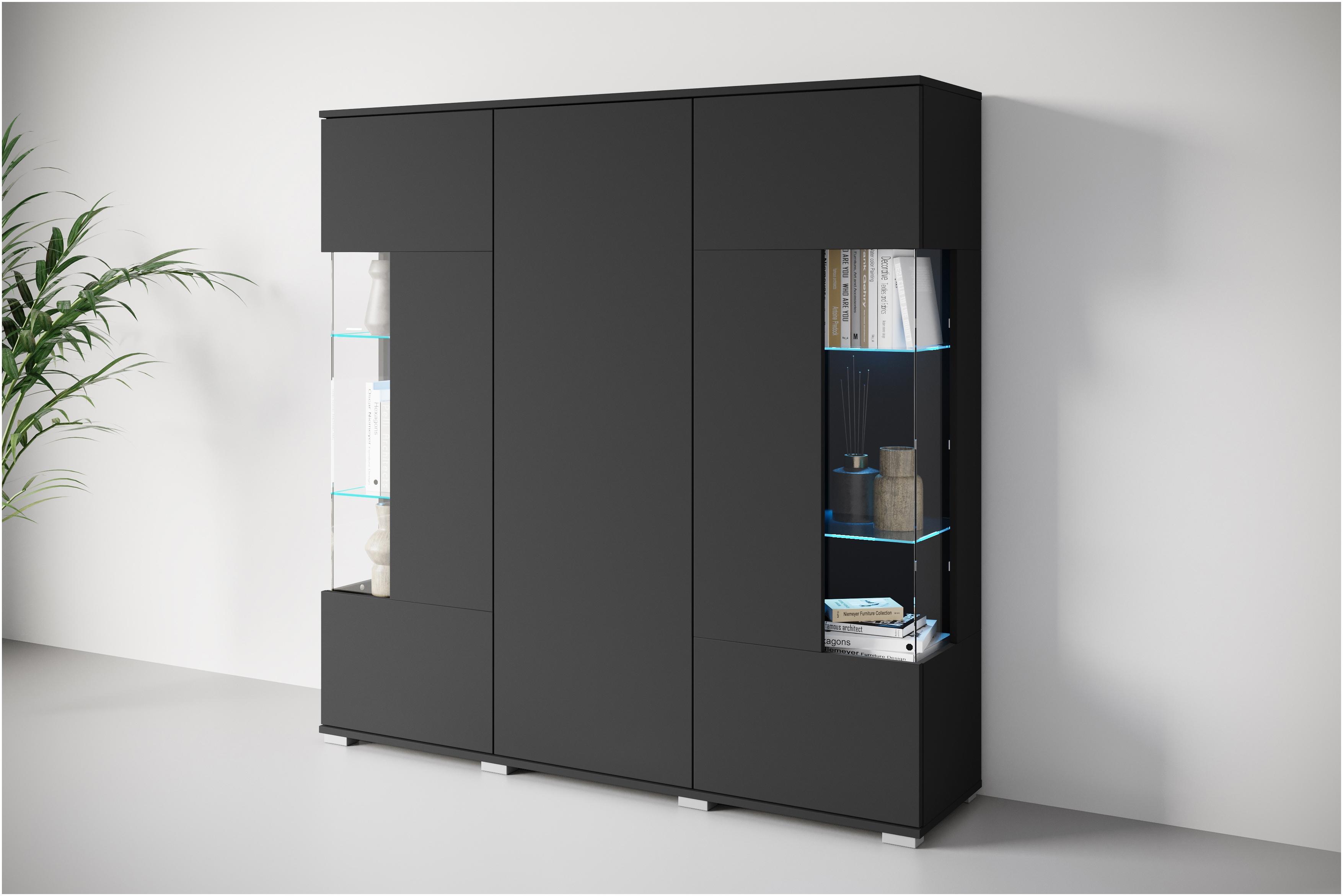 Highboard OTTO HOME "Kenia", schwarz (graphite schwarz matt), B:135cm H:134cm T:39,5cm, FSC-zertifizierter Holzwerkstoff, Glas, Hartfaserplatte, Kunststoff, Sideboards, Highboard, Modernes Highboard, mit Glastüren, Breite 135 cm