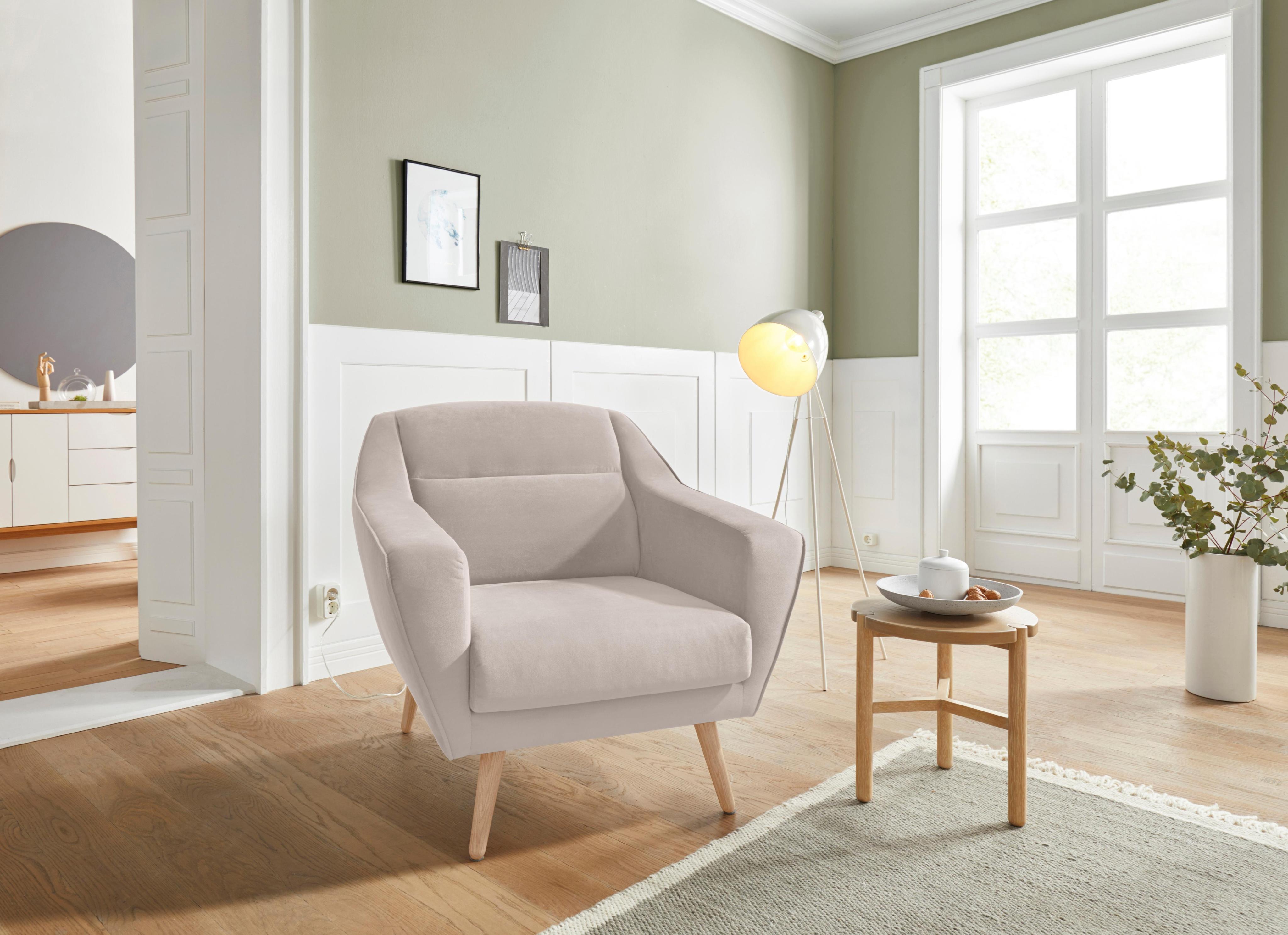 Sessel OTTO HOME "Bille", beige, B:87cm H:86cm T:90cm, Samtoptik (100% Polyester);Struktur (100% Polyester);Struktur fein (100% Polyester);Luxus-Microfaser weich (100% Polyester), Sessel, Sessel, mit Naht im Rückenkissen und Eiche-Beinen, Design by Morten Georgsen