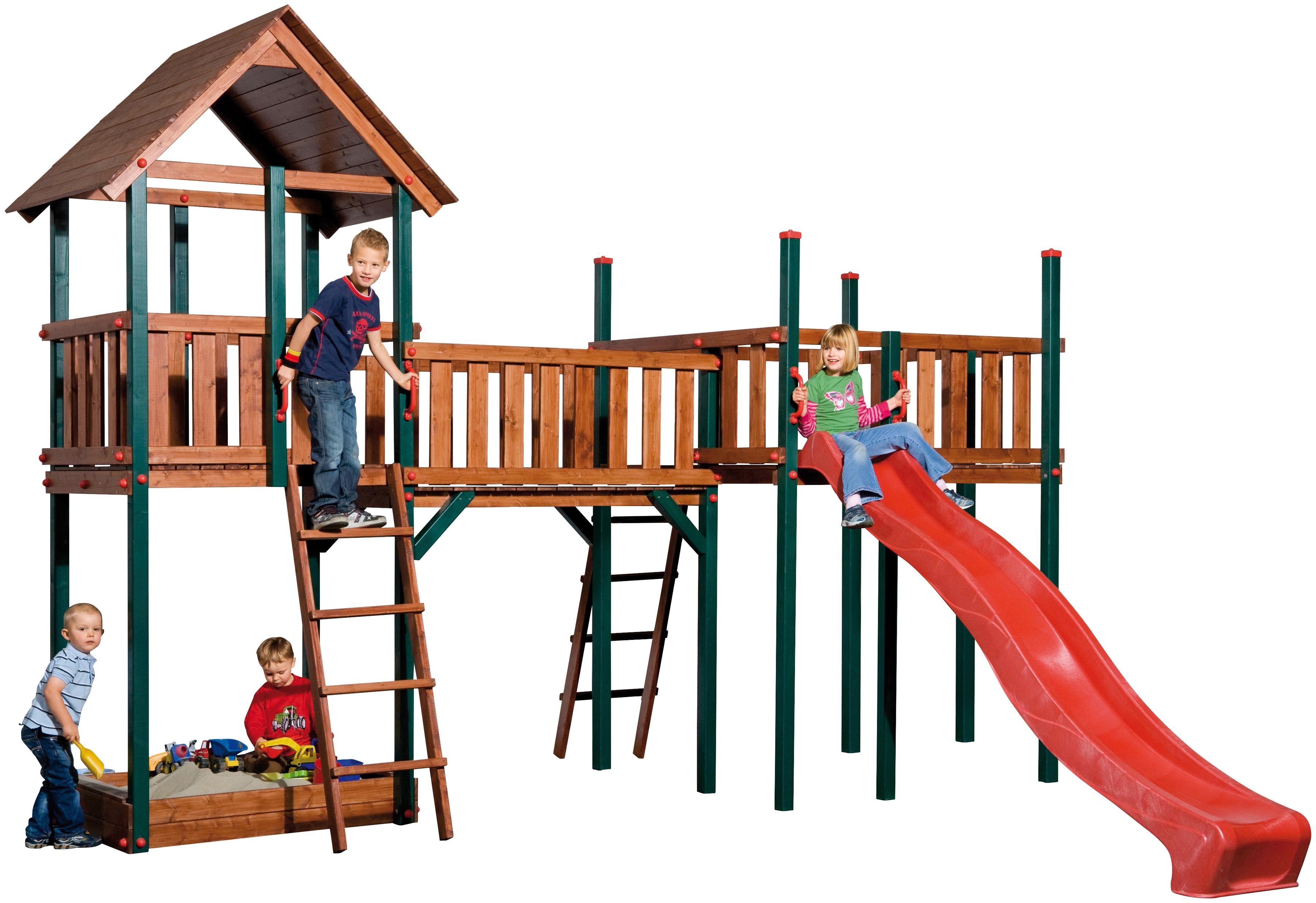 Spielturm WEKA "Tabaluga Spielelandschaft 816", braun, Spieltürme, KinderB:450cm H:331cm T:374cm, Holzwerkstoff, Spielturm, BxTxH: 450x374x331 cm, mit Turm, Brücke, Sandkasten, Rutsche, B:450cm H:331cm T:374cm