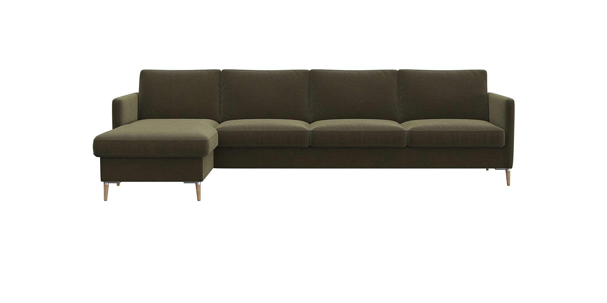 Ecksofa FLEXLUX "Fiore, super Sitzkomfort durch Kaltschaum im Sitz, L-Form", grün (moss grün), B:280cm H:85cm T:159cm, 100% Polyester, Sofas, Ecksofa, schmale Armlehnen, Füße Alu+ Eiche