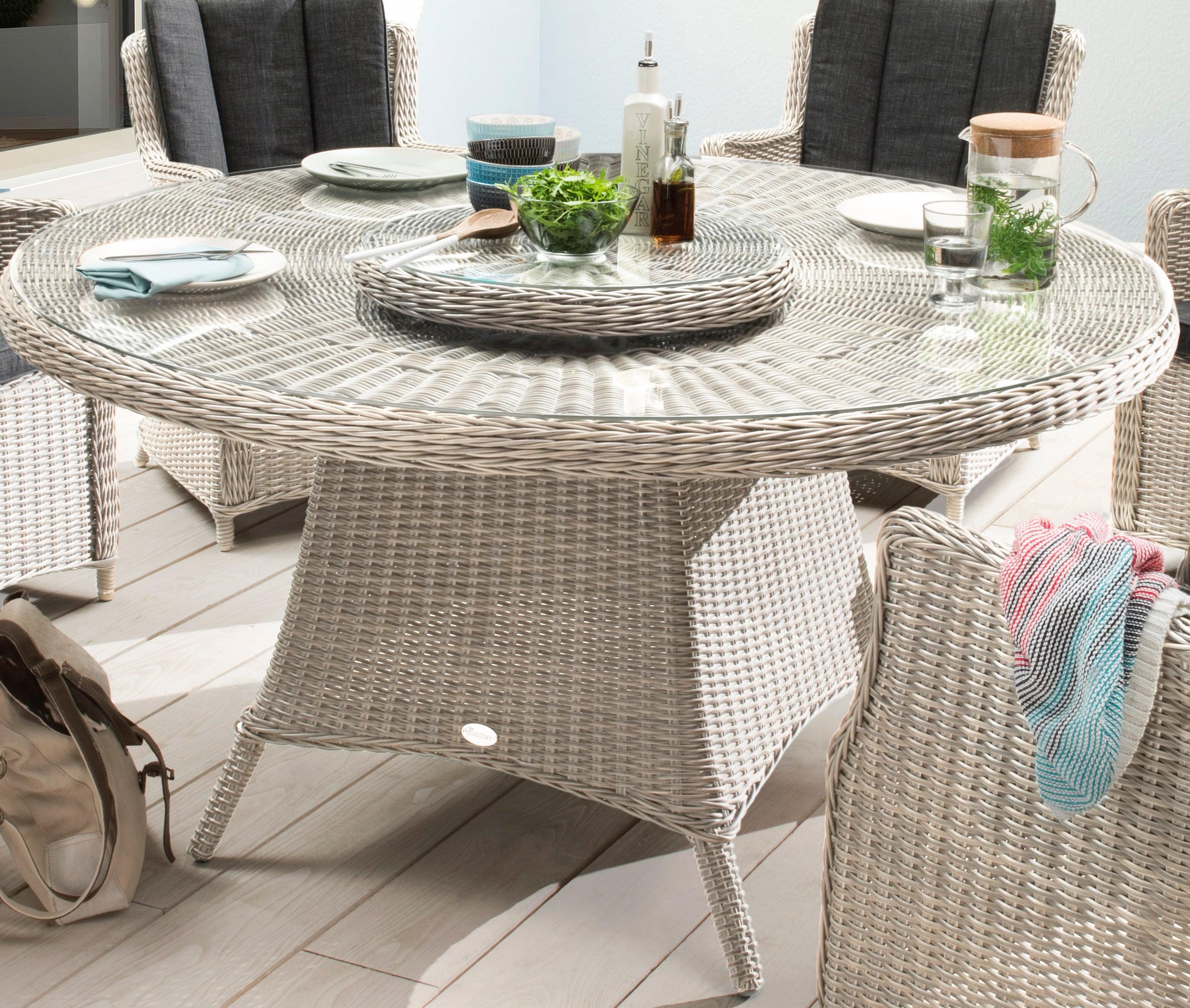 Gartentisch DESTINY "Luna", weiß (vintage weiß), B:150cm H:75cm T:150cm, Korpus aus Aluminium;Umwickelt mit Rattangeflecht, Tische, Gartentisch, (Ø150x75 cm), Aluminium, Polyrattan, inkl. Drehteller