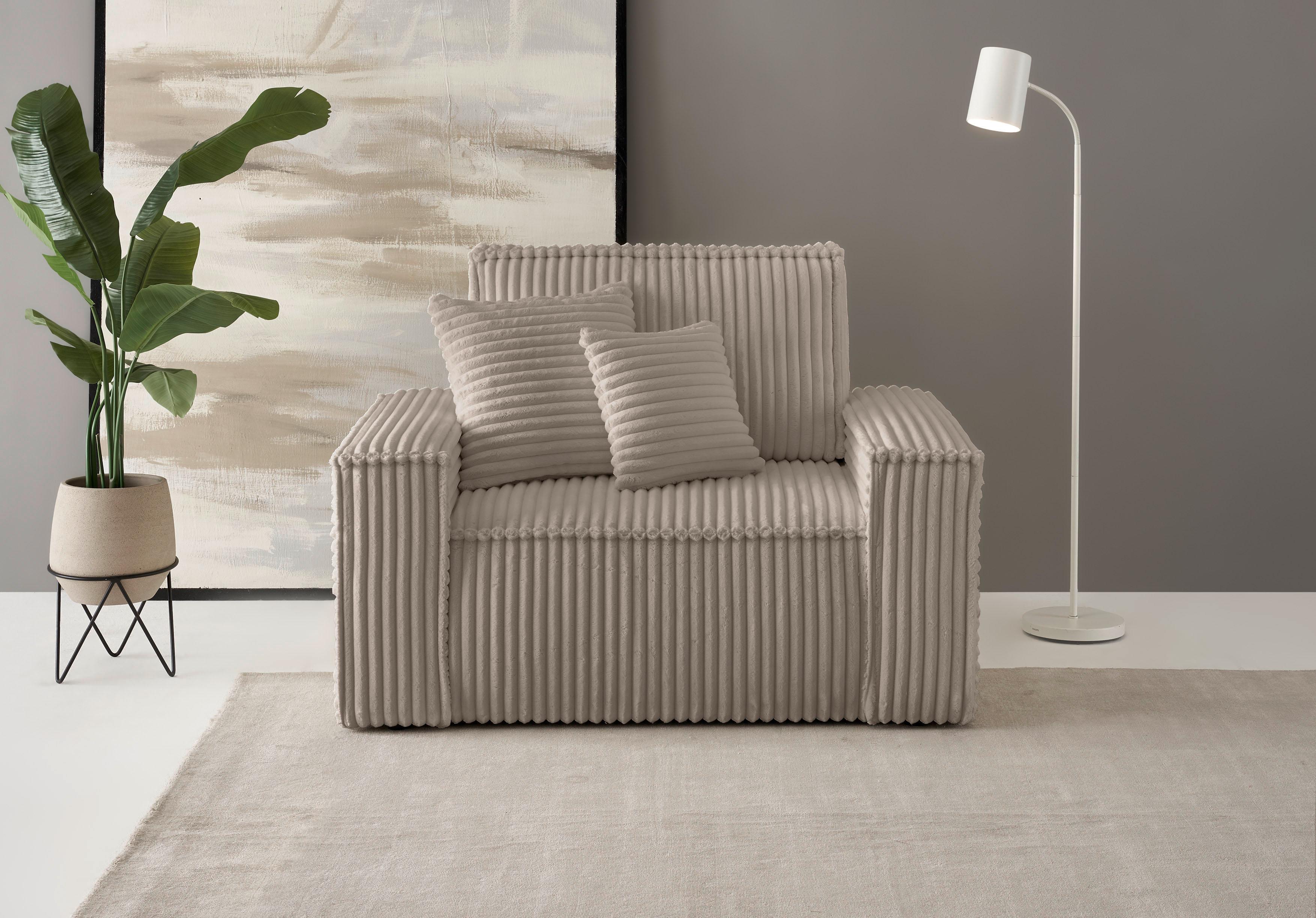 Loveseat OTTO HOME "FINNLEY, XXL-Sessel, Lesesessel, trendige Stoffe, inkl. Zierkissen", grau (taupe), B:120cm H:85cm T:86cm, Bezugstoff 100% PES ;Gramatur 400g/qm +/- 5%, Sessel, Loveseat, verfügbar in den Stoffqualitäten Bouclé, Struktur fein und Mega Cord