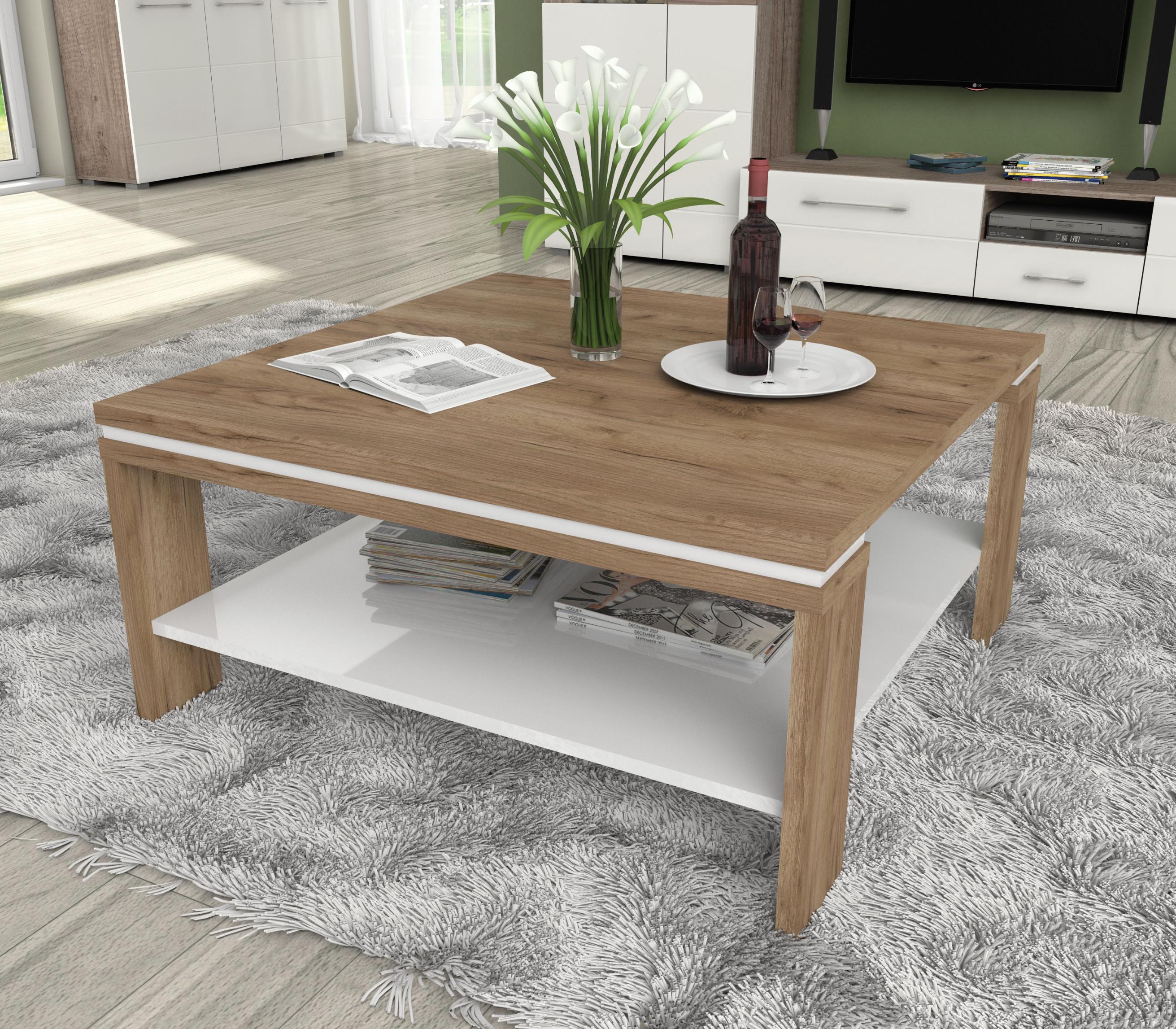 Couchtisch OTTO HOME "Stela", weiß (tobaco oak, crystal weiß hochglanz, tobaco oak holz dekor), B:90cm H:44,6cm T:88cm, Tische, Couchtisch, mit Ablageboden UV-lackiert weiß Hochglanz