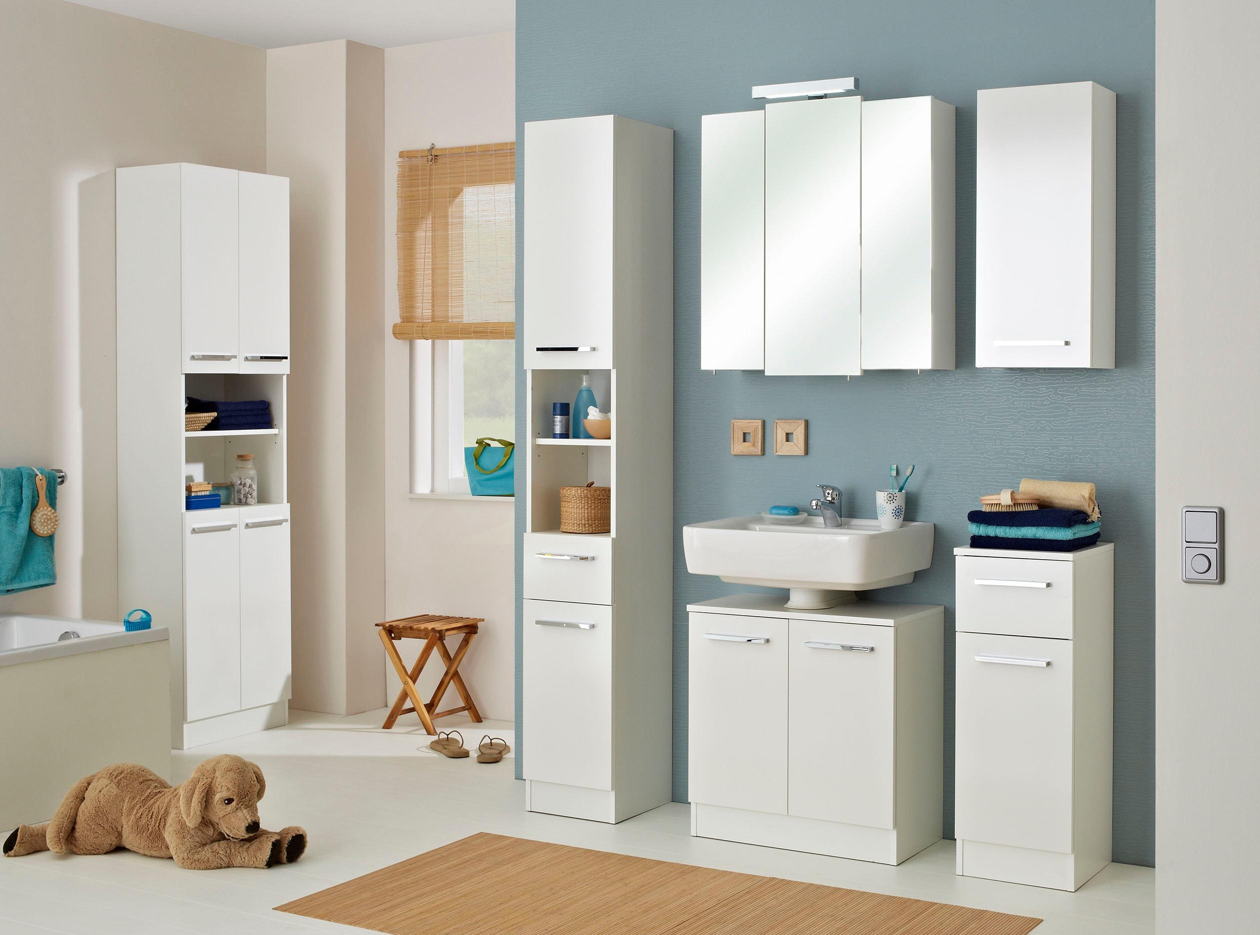 Badmöbel-Set SAPHIR "Quickset 335 6-teilig, Waschbeckenunterschrank mit LED-Spiegelschrank", weiß (weiß, weiß glanz), Kastenmöbel-Sets, Badmöbel-Set, Hochschränke, Unterschrank, Hängeschrank, inkl. Türdämpfer, 13 Türen