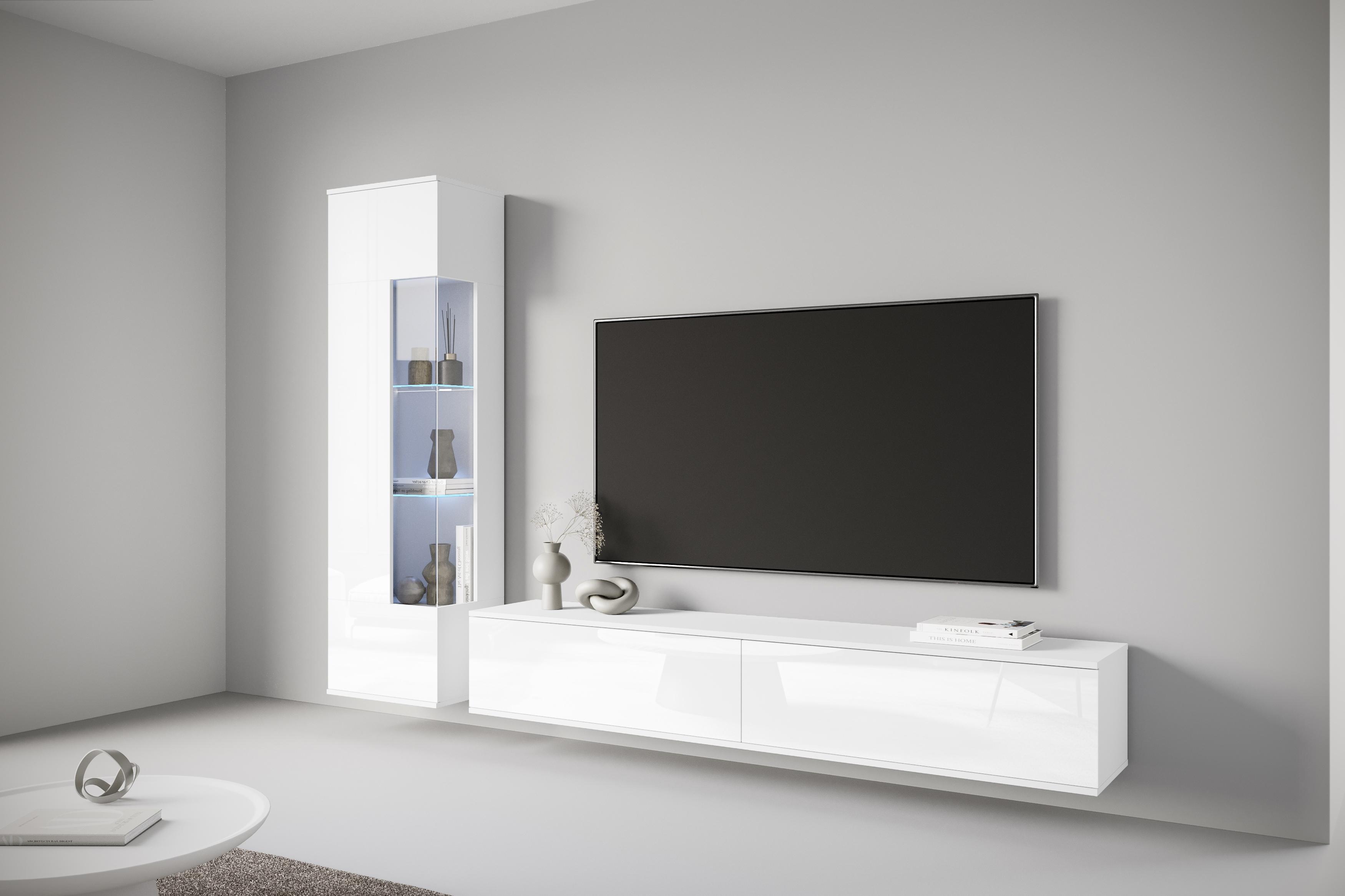 Wohnwand OTTO HOME "Kenia, Vitrine Türanschlag links/rechts wechselbar", weiß (weiß, weiß hg), B:235cm H:160cm T:33cm, Glas, Hartfaserplatte, Holzwerkstoff, Kunststoff, Kastenmöbel-Sets, Wohnwand, Vitrine mit Eckverglasung, hängend und stehend montierbar