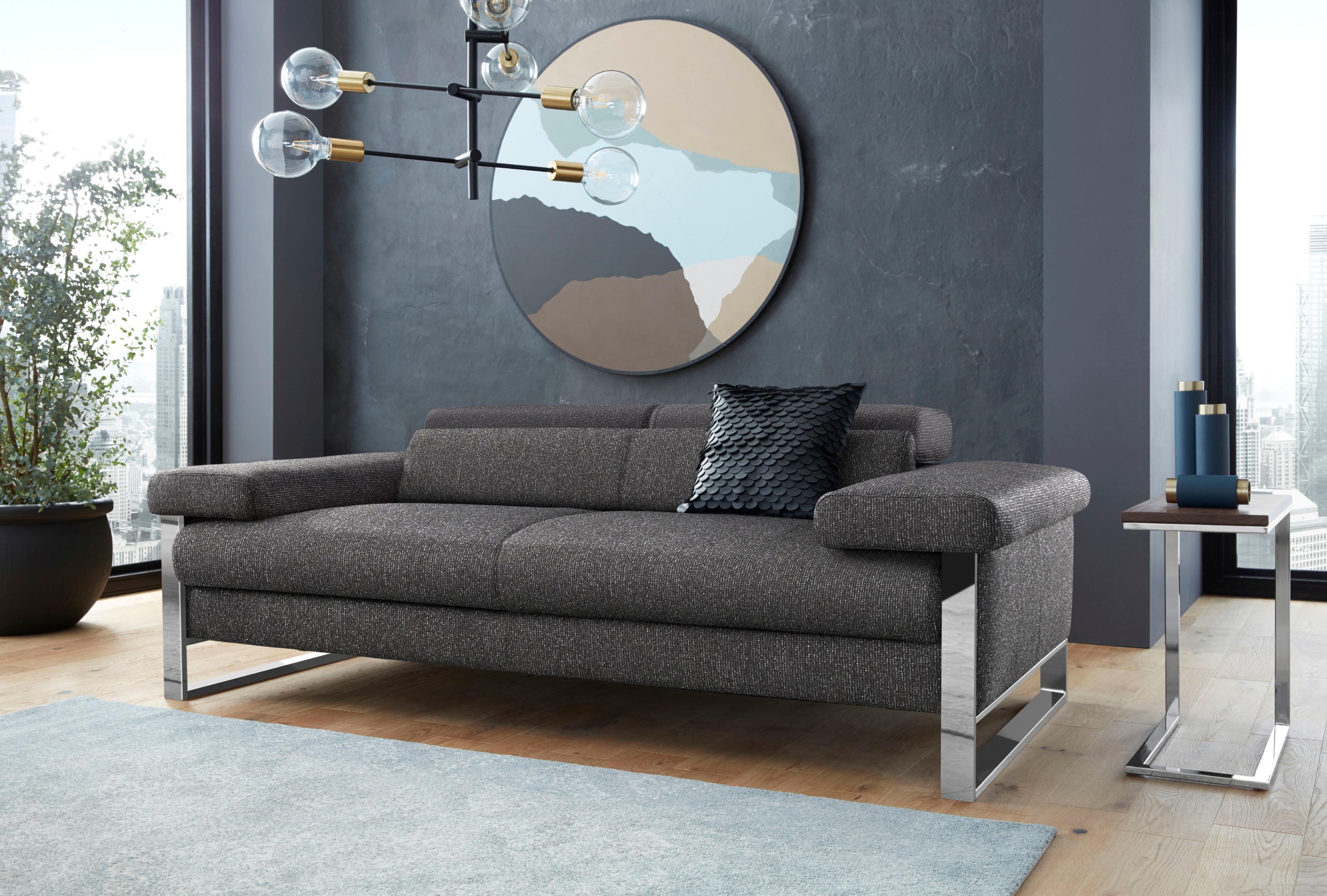 2-Sitzer W.SCHILLIG "finn", grau (anthrazit s22), B:210cm H:71cm T:106cm, Flachgewebe S22 (100% Polyester);Stoff S37 (100% Polyester);Longlife Xtra-Leder Z59: Glattleder mit modischer Prägung. Hautstärke 0, 9 - 1, 1 mm, Sofas, 2-Sitzer, German Design Award 2016, Fußgestell Chrom glänzend, Breite 210 cm