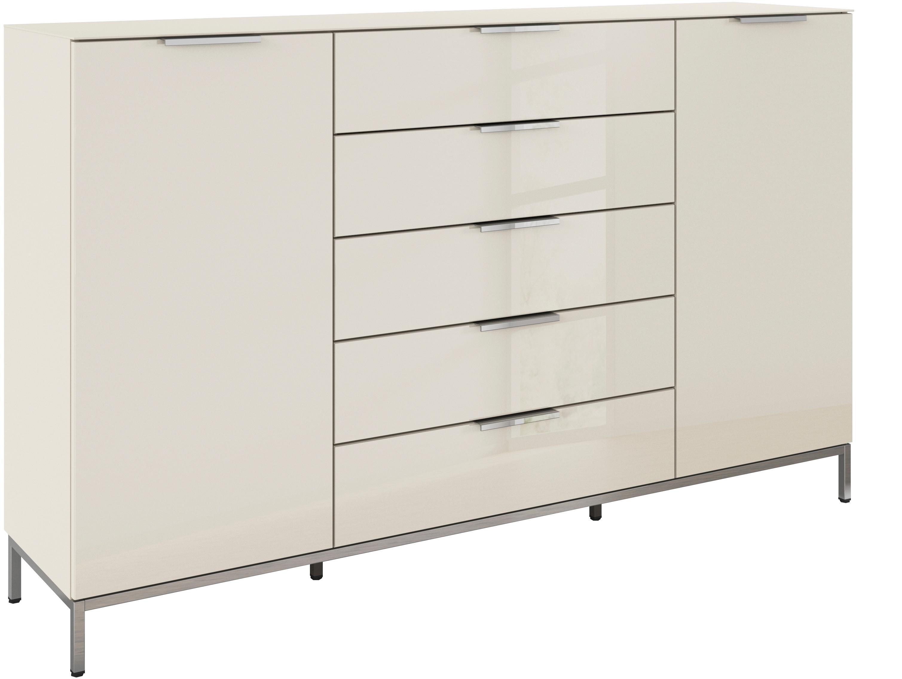Schubkastenkommode RAUCH "Kommode Türkommode Sideboard Kombikommode FLIPP mit Glasfront", beige (beige, glas beige (champagner)), B:180cm H:110cm T:42cm, Holzwerkstoff, Sideboards, Schubkastenkommode, 2-türig, 5 Schubladen, Soft-Close, Oberboden und Front Glas, 2 Breiten