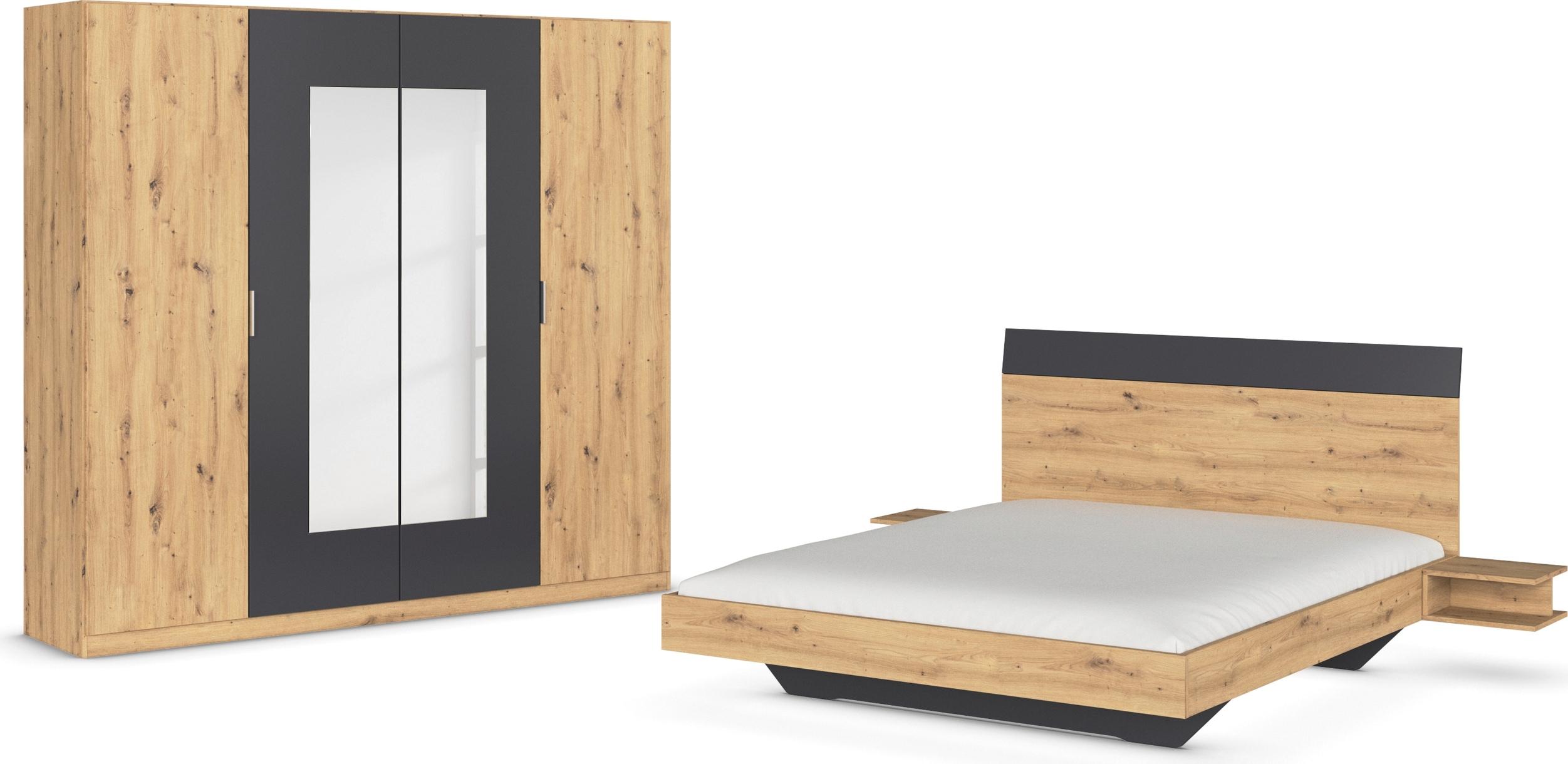 Schlafzimmer-Set RAUCH "Monza", grau (eiche artisan, graumetallic), Bett 160x200cm + ohne Matratze, B/H: 160cm x 200cm, Bett 160x200cm, Holzwerkstoff, Schlafzimmermöbel-Sets, Schlafzimmer-Set, mit Drehtürenschrank Breite 226 cm, Bettanlage in 2 Breiten