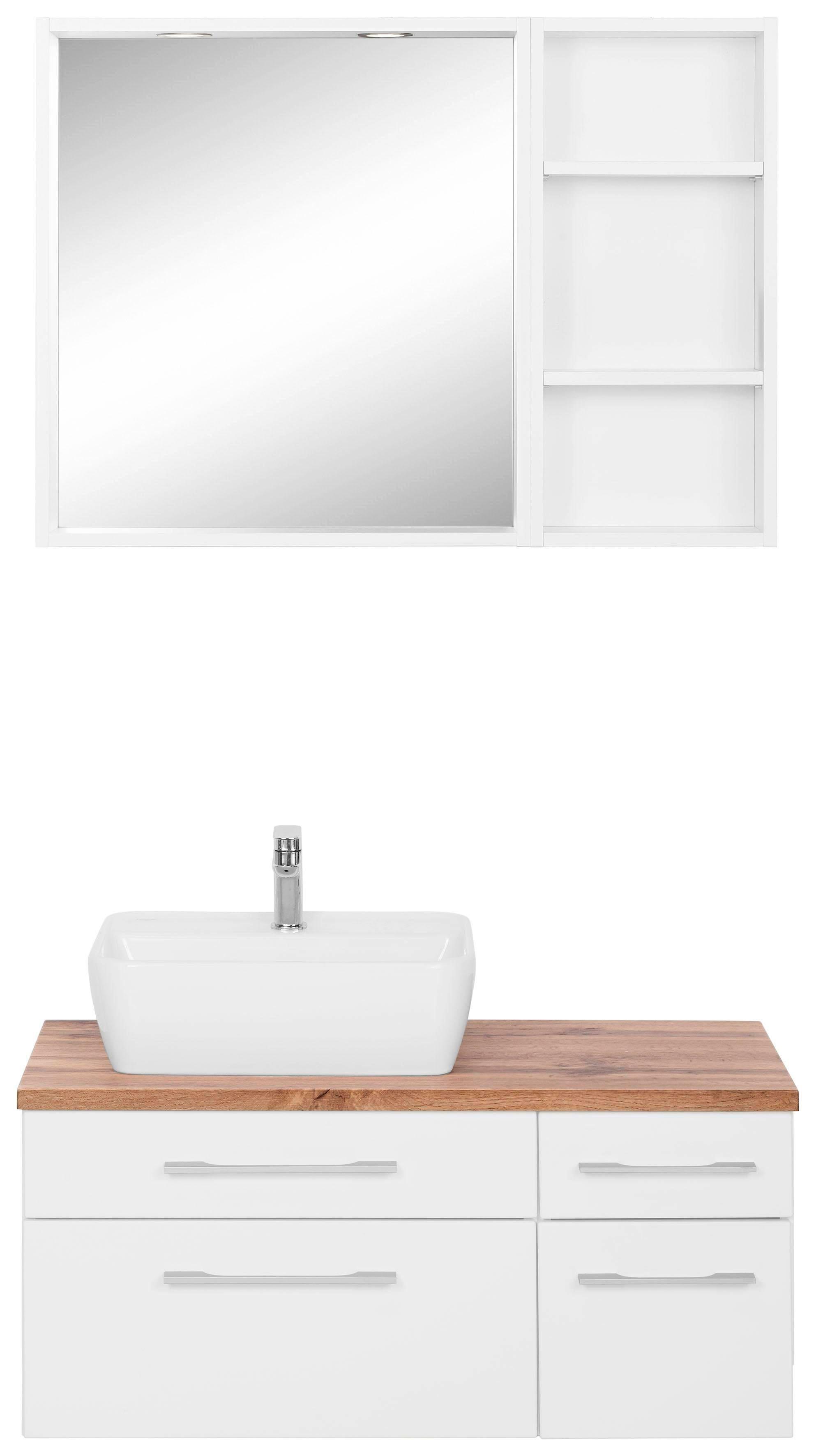 Badmöbel-Set WELLTIME "Davos", weiß, Becken links, Kastenmöbel-Sets, Badmöbel-Set, mit 2 Touch-LED-Einbauleuchten