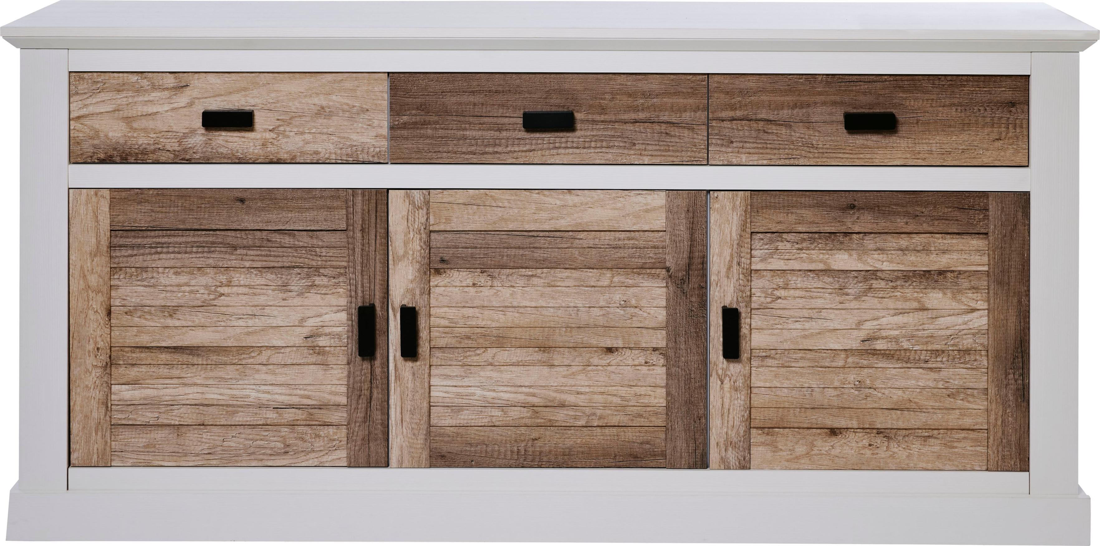 Sideboard JAHNKE "HAMPTON SB 160", weiß (canyon eiche, weiß struktur), B:158cm H:81,8cm T:40cm, Holzwerkstoff, Sideboards, Sideboard, Sideboard, Landhausstil, 3 Schubladen und 3 Türen, Breite ca. 160 cm