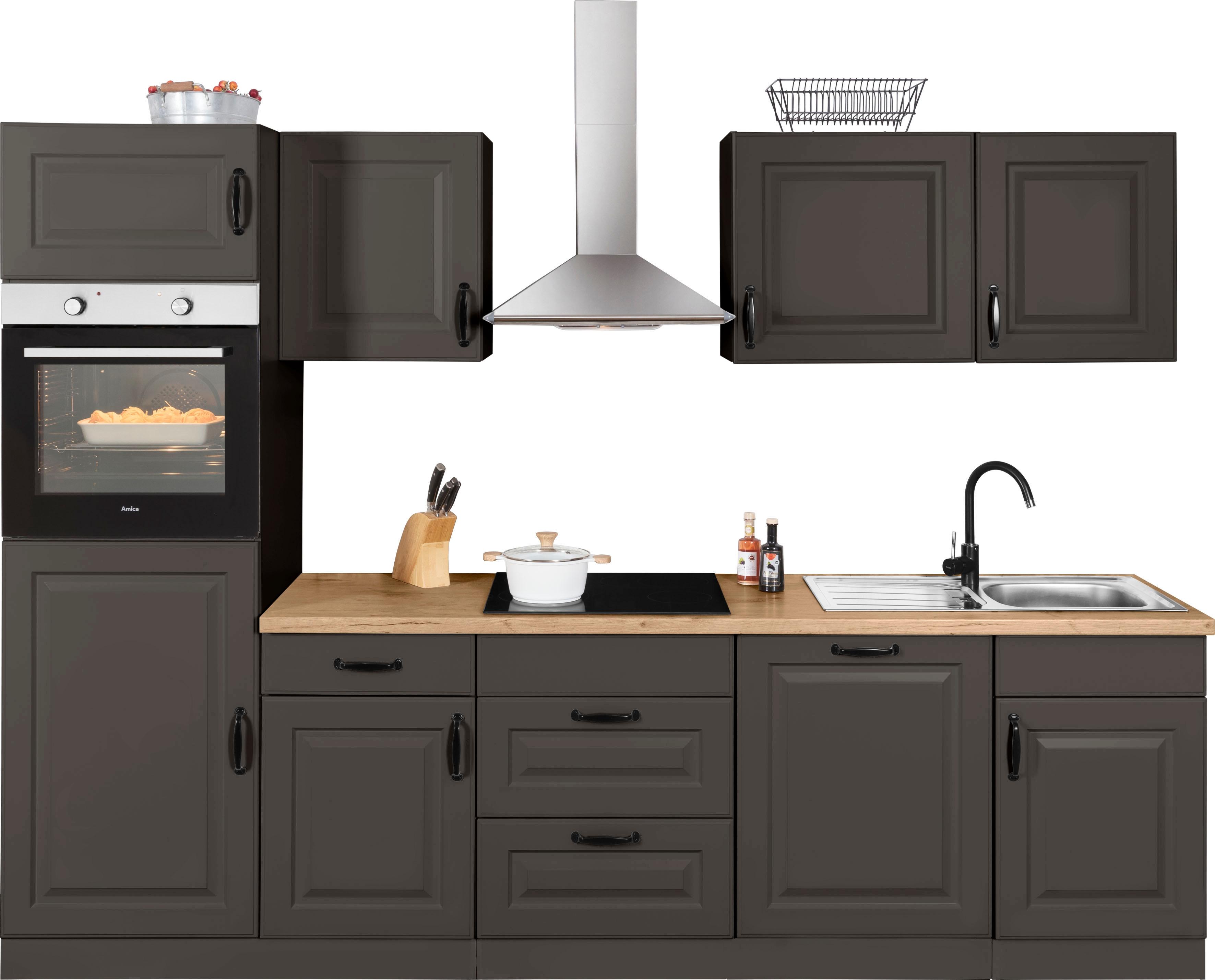 Küchenzeile WIHO KÜCHEN "Erla", grau (küche: grau, korpus: anthrazit, arbeitsplatte: kastelleiche nachbildug), B:280cm T:60cm, Komplettküchen-Sets, Küchenzeile, ohne E-Geräte, Breite 280 cm