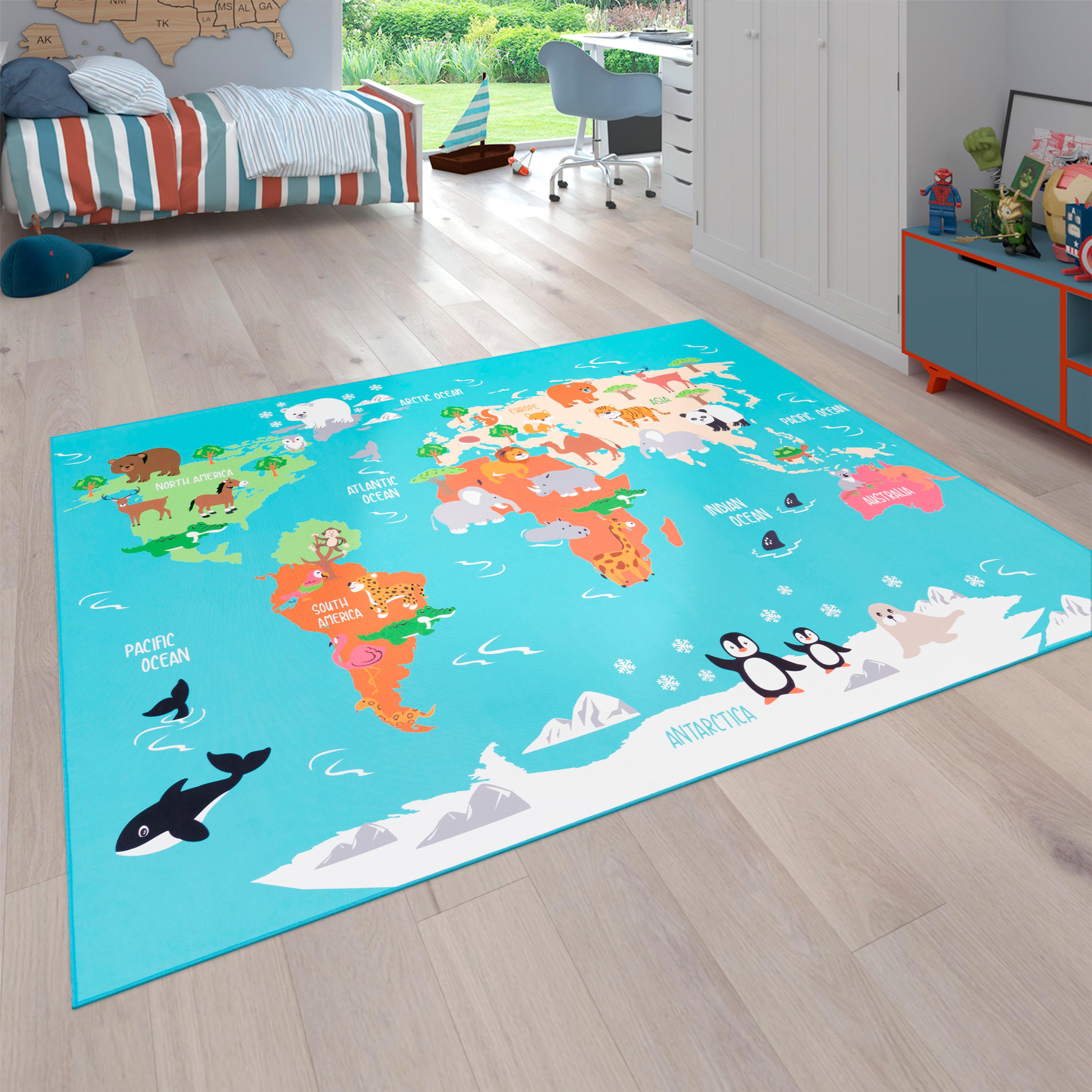 Kinderteppich PACO HOME "Bino 564", blau (türkis), B:160cm H:4mm L:220cm, Polyester, Teppiche, Kinderteppich, Kurzflor, Motiv Weltkarte, Kinderzimmer