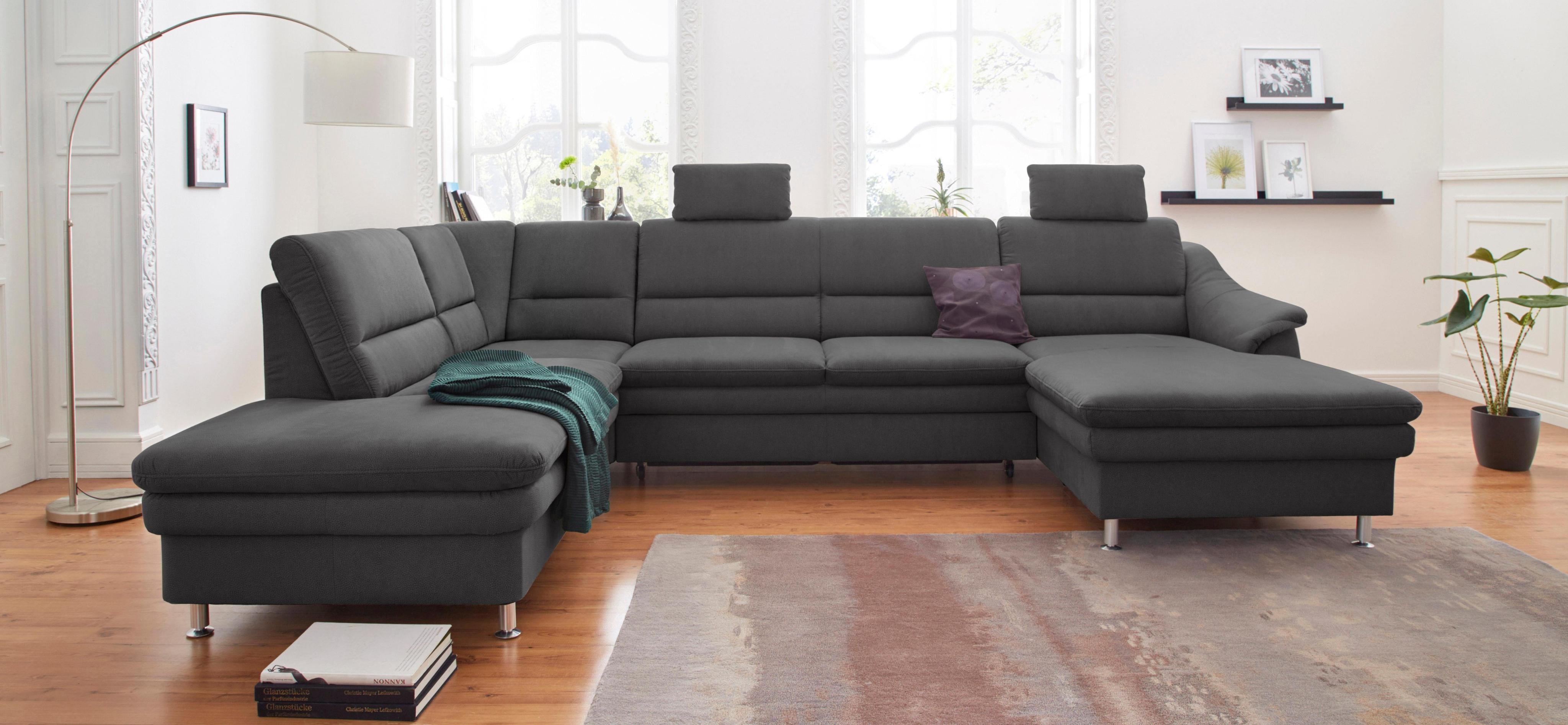 Wohnlandschaft SIT & MORE "Cardoso U-Form", grau (anthrazit), B:324cm H:90cm T:90cm, Luxus-Microfaser 1 (100% Polyester);Luxus-Microfaser 2 (100% Polyester);Luxus-Microfaser ALTARA NUBUCK (100% Polyester), Sofas, Wohnlandschaft, mit Federkern und Kopfstützen, mit Bettfunktion und Relaxfunktion