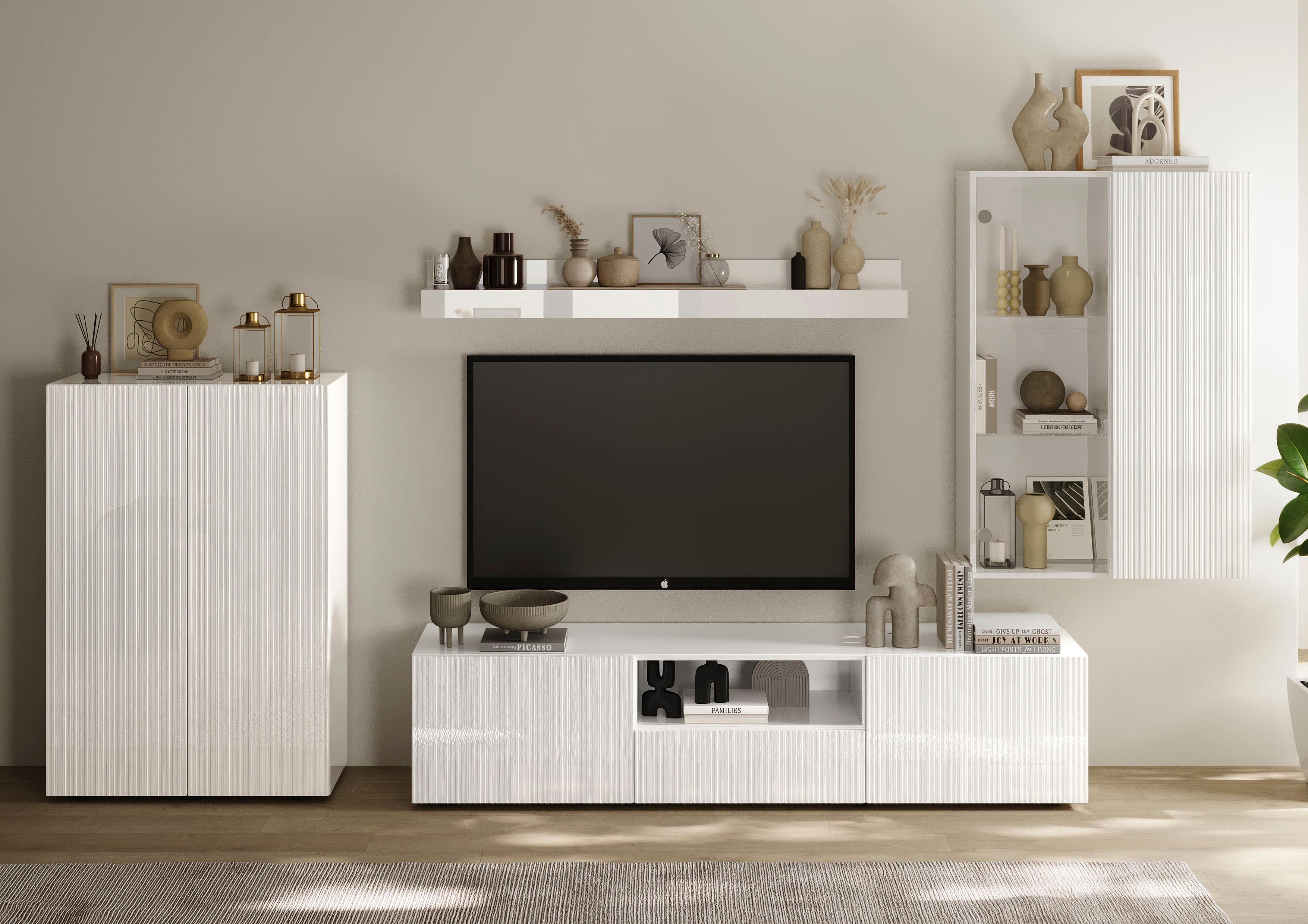 Wohnwand HOME AFFAIRE "Rio, 4tlg. Breite 300 cm, modernes, elegantes Wohnzimmer-Set", weiß (weiß hochglanz lack, front mit geriffelter struktur), B:300cm H:200cm T:42cm, Holzwerkstoff, Kastenmöbel-Sets, Wohnwand, (Lowboard, Highboard, Hängevitrine, Wandboard), MDF-Fronten geriffelt